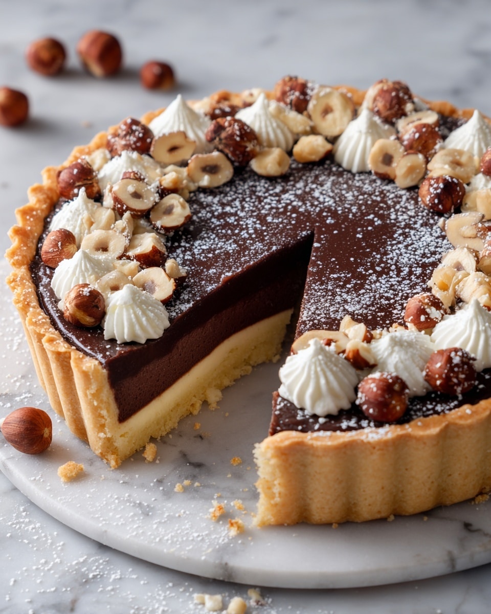 A tart with three visible layers sits on a white marbled surface. The bottom layer is a light golden crust with a firm, crumbly texture. The middle layer is thick and smooth, filled with dark chocolate mousse that has a rich, glossy finish. The top layer is decorated with a ring of whole and chopped hazelnuts, some dusted with powdered sugar, and small dollops of white whipped cream spaced evenly around the edge. One slice is cut and slightly pulled out, showing the neat layers clearly. Photo taken with an iphone --ar 4:5 --v 7