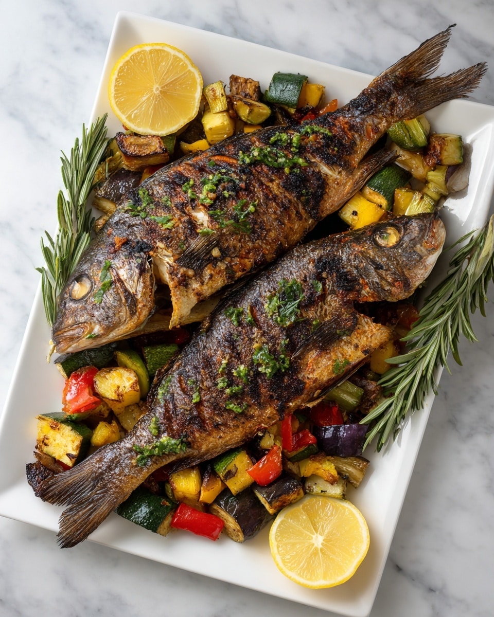 The image shows a white square plate with two whole grilled fish placed side by side in the center. The fish have a dark, crispy, and textured skin with visible seasoning and herbs on top. Around and slightly under the fish is a colorful mix of roasted vegetables including green zucchini, red and yellow bell peppers, and purple eggplant, all cut into small pieces. There are four lemon halves placed on the plate's corners, adding bright yellow contrasts. A fresh sprig of rosemary lies diagonally across the bottom left corner of the plate. The plate sits on a white marbled surface. Photo taken with an iphone --ar 4:5 --v 7
