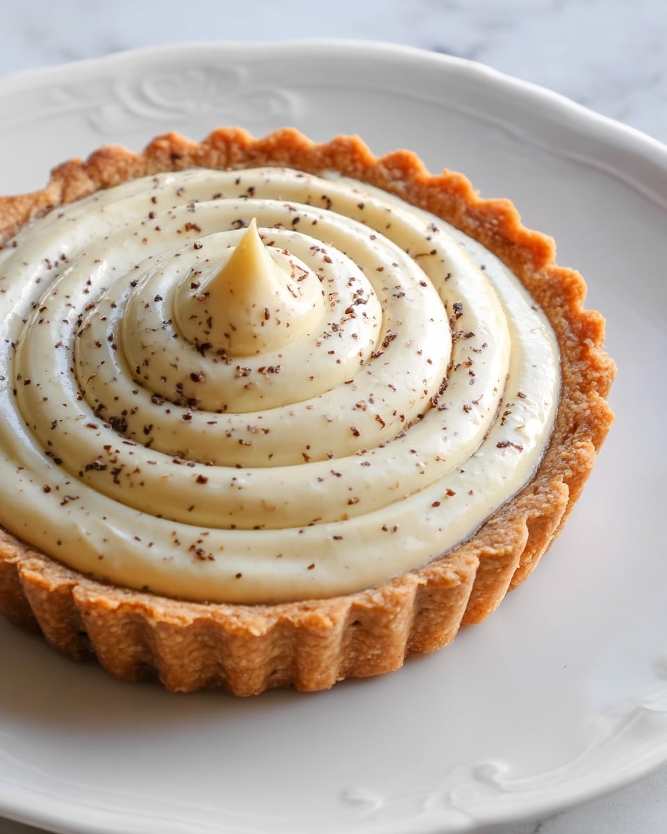 The image shows a small tart with a golden-brown, crumbly crust forming the base and sides. Inside the tart is a layer of light brown filling topped with five white meringue peaks that are toasted to a light brown on their tips. The tart sits on a shiny round gold plate, placed on a white marbled surface. photo taken with an iphone --ar 4:5 --v 7