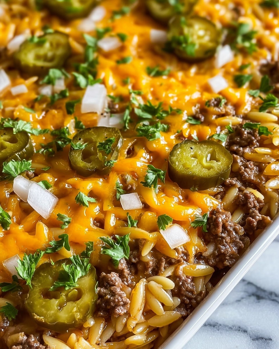 This close-up image shows a single-layer dish with a mix of beige orzo pasta, small pieces of browned ground beef, and melted bright orange cheddar cheese spread unevenly across the top. Scattered over the cheese and pasta are small chunks of white onion, shiny green pickle slices, and fresh green parsley leaves, adding extra color and texture. The overall texture looks moist and slightly glossy, with the beef crumbles and orzo visibly mixed together beneath the melted cheese. The photo is taken on a white marbled texture. photo taken with an iphone --ar 4:5 --v 7