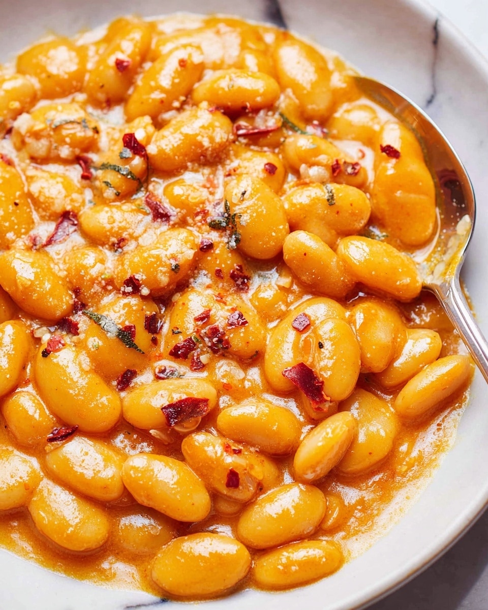 The image shows a close-up of a creamy orange bean dish in a white bowl. The beans are plump and smooth, coated in a thick, glossy orange sauce that looks rich and velvety. Scattered on top are small bits of dark red chili flakes and tiny white seeds, adding texture and color contrast. The dish has a warm, inviting look with the sauce filling the spaces between the beans, and a silver spoon is partially visible on the left side, dipped into the beans. The background is a white marbled texture. photo taken with an iphone --ar 4:5 --v 7