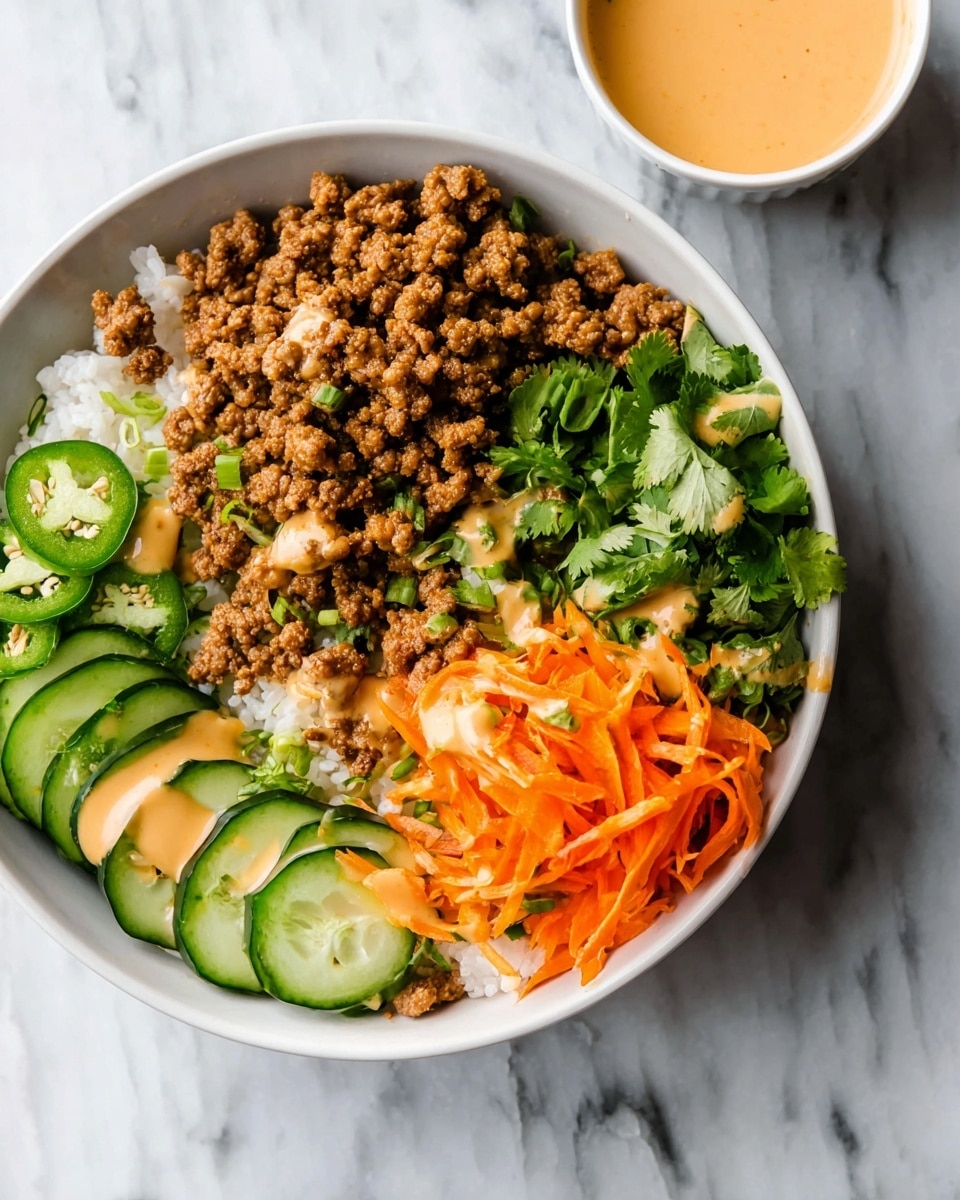 A white bowl filled with four main sections layered over a base of white rice; on the left side, there is a layer of cooked brown ground meat with a glossy texture and drizzled with light orange creamy sauce, next to it is a neat row of bright green sliced cucumbers with ridged edges; the right side has a pile of thinly shredded bright orange carrots, also topped with drizzles of the same light orange sauce, beside the carrots are sliced green jalapeños and a few fresh green cilantro leaves scattered on top. The bowl sits on a white marbled surface with a small white dish of light orange sauce nearby, photo taken with an iphone --ar 4:5 --v 7