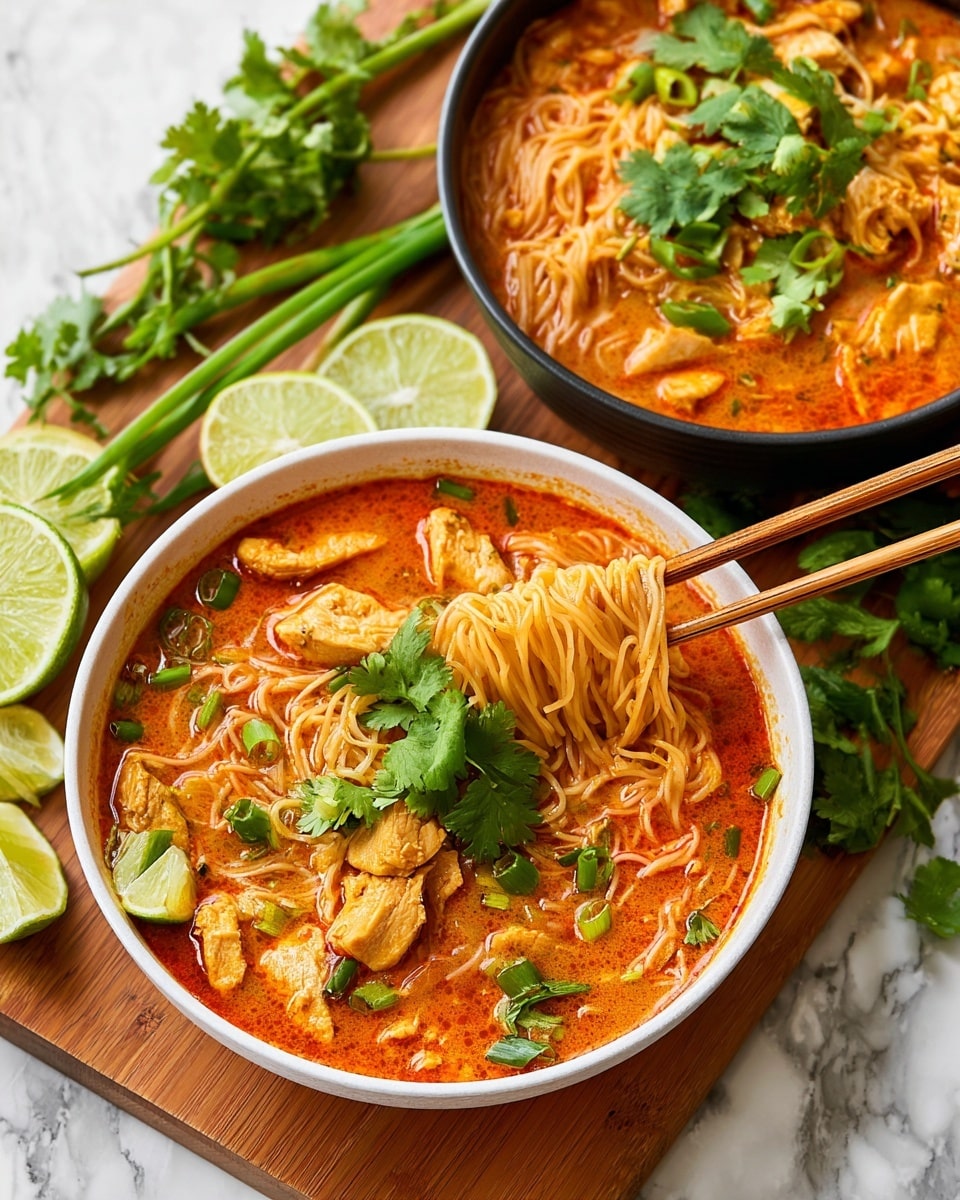 Two dark bowls filled with a rich, orange-red soup with noodles and pieces of chicken. The top bowl shows a small bundle of noodles being lifted with brown chopsticks on the right side. The soup has fresh chopped green onions sprinkled on top, a bunch of green cilantro in the center, and lime wedges placed on the left edge. The bowls rest on a wooden board placed on a white marbled surface, surrounded by whole green onions, lime wedges, and fresh cilantro sprigs. The overall look is warm, fresh, and colorful. photo taken with an iphone --ar 4:5 --v 7