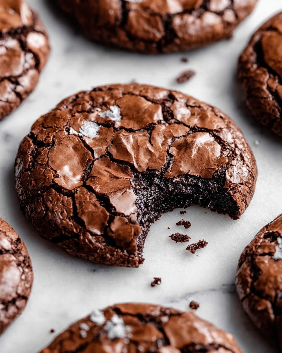 The image shows round chocolate cookies with a cracked, shiny top layer that is light brown and textured like thin chocolate foil, revealing a darker, moist, and fudgy inner layer underneath. One cookie in the center has a bite taken out of it, exposing the soft, dense, almost gooey chocolate inside. The cookies rest on a white marbled surface with small crumbs scattered around. Photo taken with an iphone --ar 4:5 --v 7