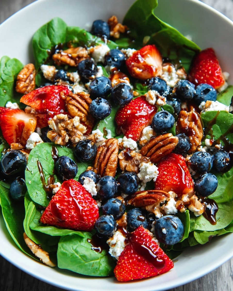 A close-up view of a fresh salad in a white bowl filled with three main layers: the bottom layer is bright green spinach leaves with a fresh, slightly wrinkled texture; the middle layer consists of whole dark blue blueberries and halved red strawberries, adding a juicy shine; the top layer is a mix of glossy, caramelized brown pecans and crumbled white cheese scattered evenly, all sitting on a white marbled surface. Photo taken with an iphone --ar 4:5 --v 7