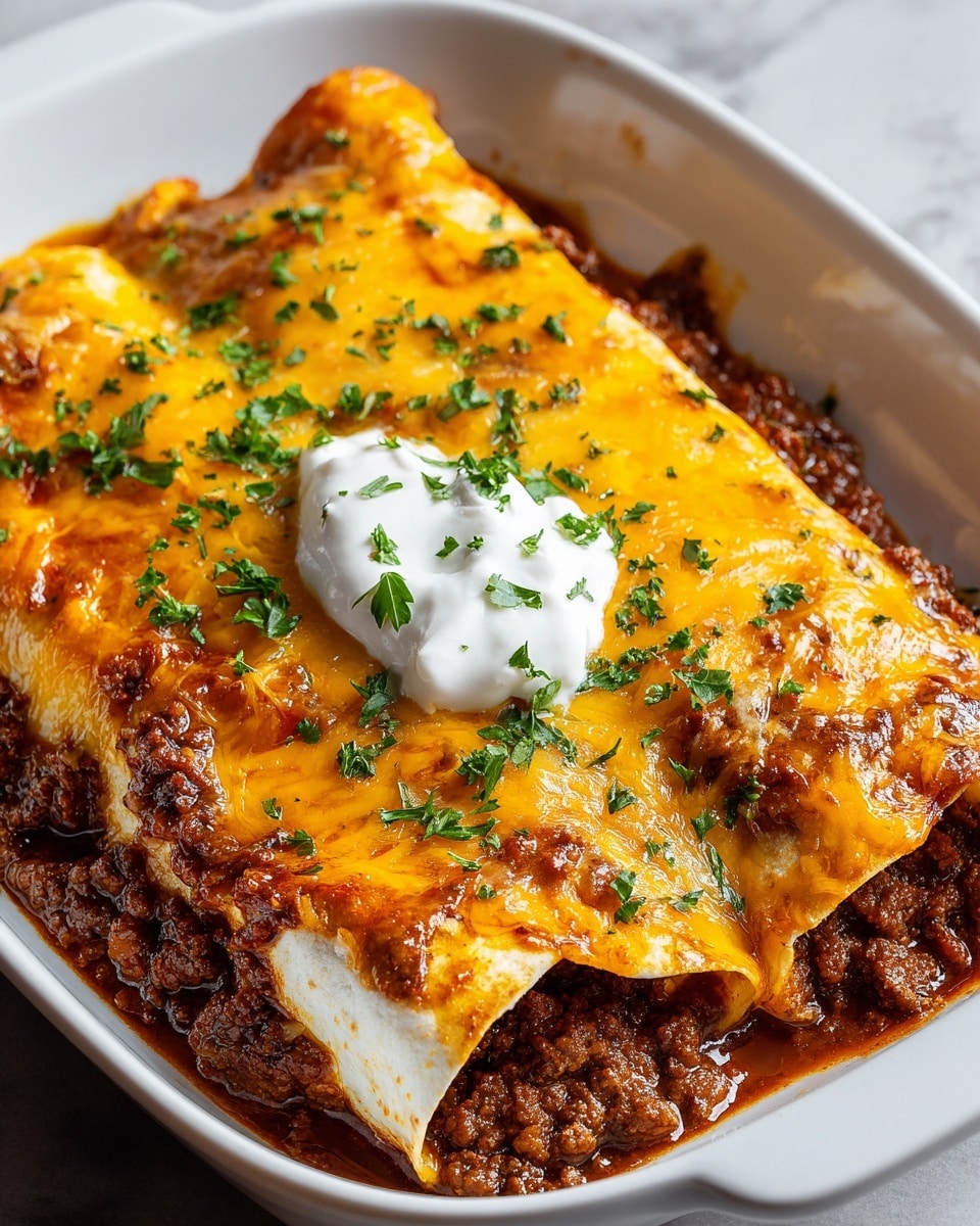 The dish shows three rolled white tortillas filled with a dark brown cooked ground meat mixture, arranged side by side in a white oval dish. Each tortilla is topped with a thick layer of melted orange-yellow cheddar cheese that is browned in spots, sprinkled with finely chopped green herbs. In the center, there is a dollop of white sour cream topped with the same green herbs. The meat mixture is saucy, slightly spilling out from under the tortillas, and the whole dish sits on a white marbled surface. photo taken with an iphone --ar 4:5 --v 7