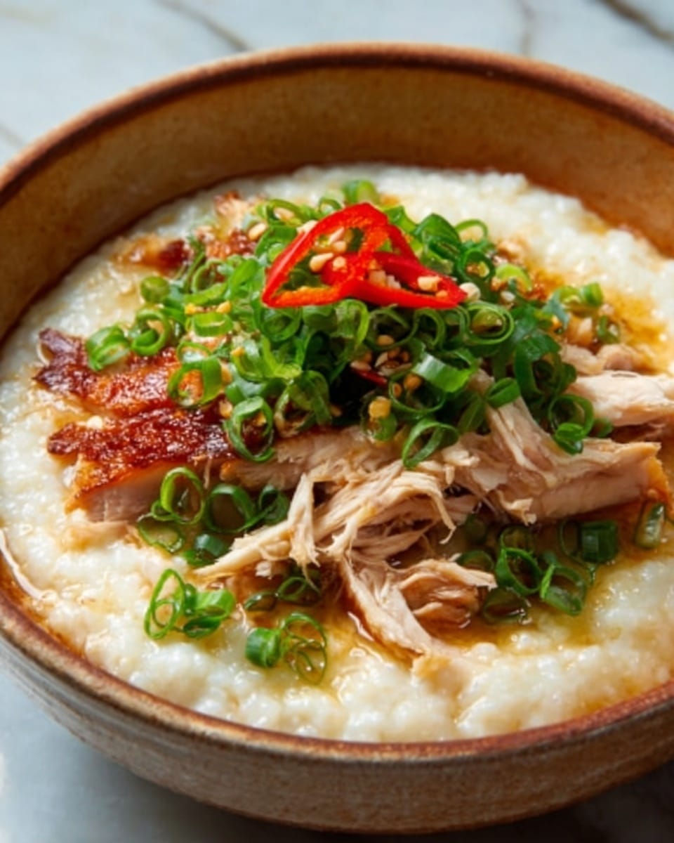 A white bowl filled with a thick creamy rice porridge, with three to four pieces of golden-brown roasted chicken placed on top, slightly shredded to show texture. On the chicken, there is a heap of bright green sliced scallions, accented by a few thin, round slices of red chili peppers. The bowl sits on a white marbled surface, and the warm lighting highlights the smoothness of the porridge and the crispy skin of the chicken. photo taken with an iphone --ar 4:5 --v 7