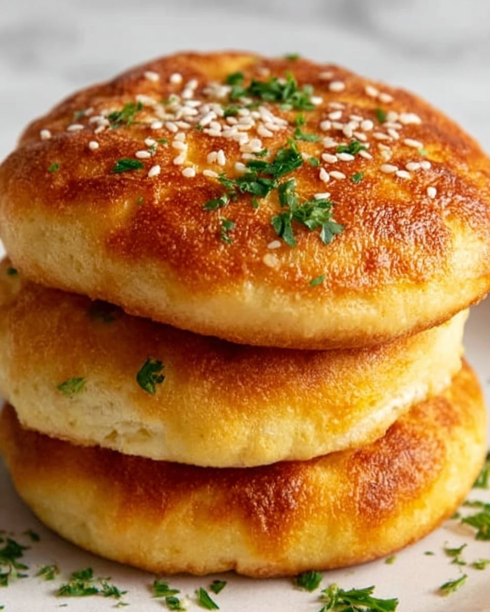 The image shows three golden brown, fluffy bread rounds stacked slightly on top of each other against a white marbled background. The top round has a sprinkle of white sesame seeds and small green parsley leaves evenly spread over its surface. The bread looks soft and well-cooked, with a slightly crispy, textured crust on top. The lighting highlights the bread's warm color and the fresh green garnish. photo taken with an iphone --ar 4:5 --v 7
