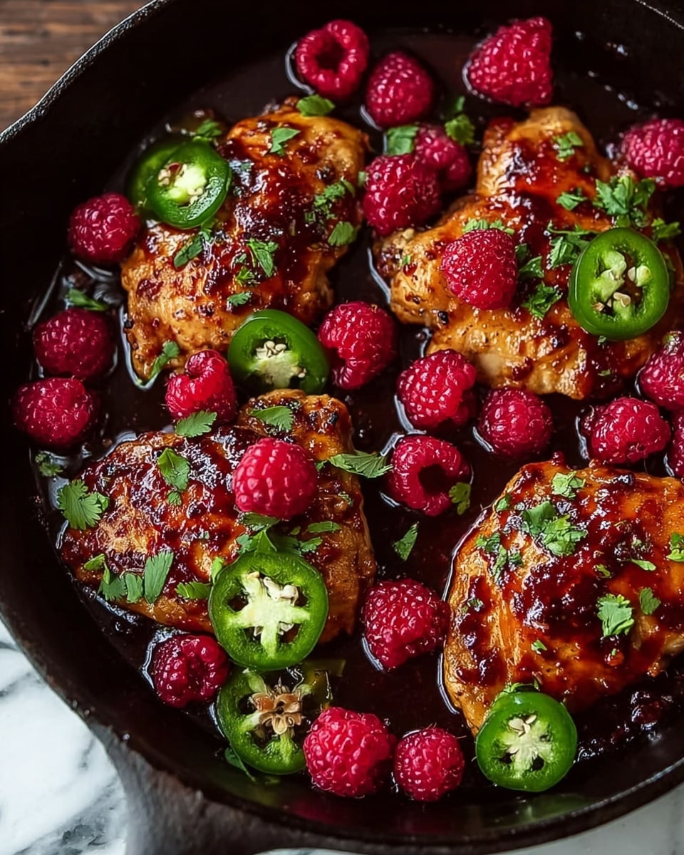 The image shows four pieces of golden-brown cooked chicken in a black pan, covered in a thick, glossy dark red sauce with visible raspberry seeds. Around the chicken are fresh, bright red raspberries and several slices of green jalapeño peppers with their white seeds visible. Small sprigs of green parsley are scattered on top, adding a fresh touch. The surface the pan rests on is a white marbled texture. The dish looks rich, colorful, and well mixed with the sauce coating the chicken and fruit evenly. photo taken with an iphone --ar 4:5 --v 7
