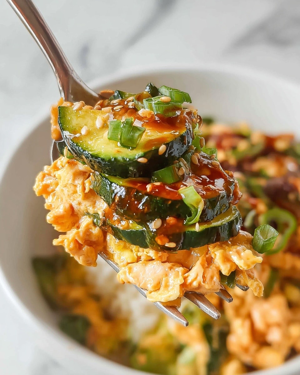 A close-up view of a white bowl filled with a layered dish featuring thin, slightly browned slices of green zucchini stacked with soft, creamy, light orange scrambled eggs mixed with a spicy red sauce. The top layers show zucchini pieces with a shiny, oily glaze, flecks of red chili flakes, and chopped green herbs, adding a fresh look. A gold fork holds a bite, showcasing the mix of textures—soft eggs and tender zucchini—against the blurred background of the bowl with more of the same food inside, all set on a white marbled texture surface. photo taken with an iphone --ar 4:5 --v 7
