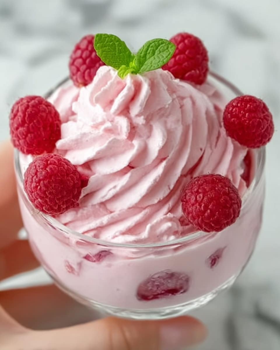 A clear glass shows a dessert with two main layers: the bottom layer is soft pink cream mixed with whole raspberries inside, and the top layer is thick, whipped pink cream swirled in smooth, round shapes. On top of the whipped cream, there are six fresh red raspberries scattered with a small green mint leaf in the middle. The dessert is on a white marbled surface, and a woman's hand holds the glass gently. Photo taken with an iphone --ar 4:5 --v 7
