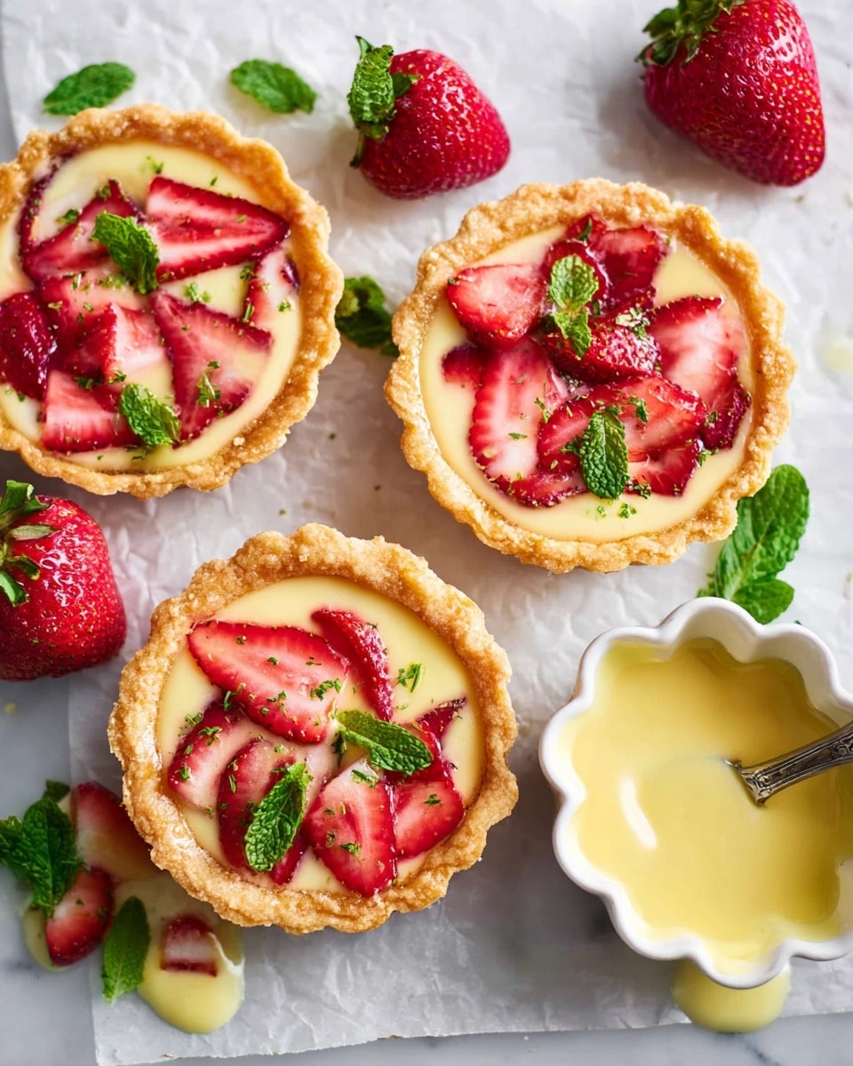 Four small tarts are displayed on a white marbled surface, each tart filled with a creamy yellow custard base and topped with sliced red strawberries that add bright, fresh spots of color. The crusts are golden brown and flaky, forming a crimped edge around each tart. Scattered finely chopped green mint leaves add texture and a fresh look on top of the custard and strawberries. Around the tarts, whole fresh strawberries and sprigs of mint provide a natural garnish. A small white spoon with a yellow sauce or cream drips slightly onto the surface nearby, completing the arrangement. photo taken with an iphone --ar 4:5 --v 7