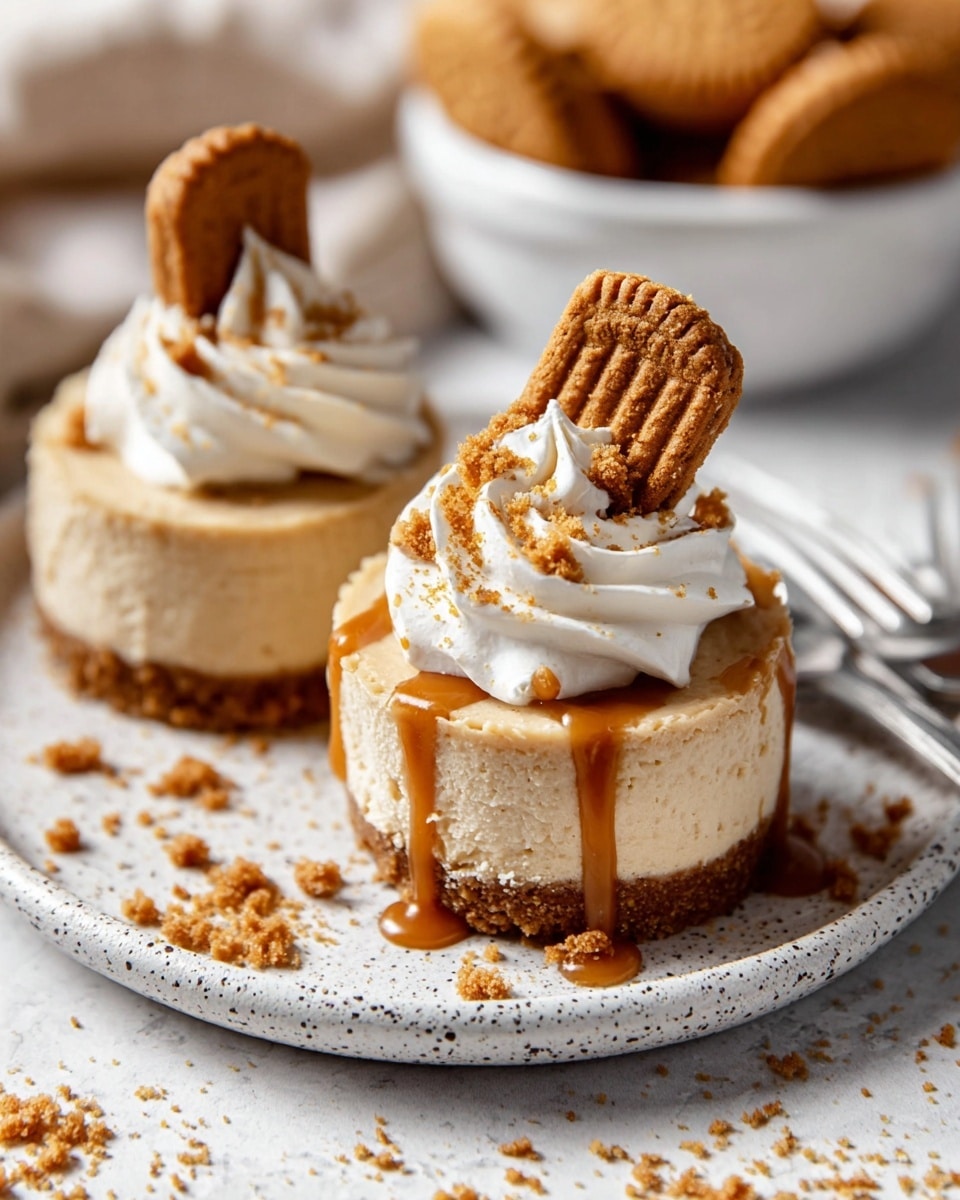 Two small cheesecakes are placed on a white plate with speckled texture, set on a white marbled surface. Each cheesecake has three layers: a dark brown crumbly base, a thick light beige creamy middle, and a smooth caramel sauce layer dripping down the sides on top. Swirls of white whipped cream sit on the caramel, sprinkled with crushed cookie crumbs. One cheesecake has a whole rectangular cookie inserted vertically into the whipped cream. Crumbled cookie pieces are scattered around the plate and surface. In the background, more cookies and a fork are partly visible. Photo taken with an iphone --ar 4:5 --v 7