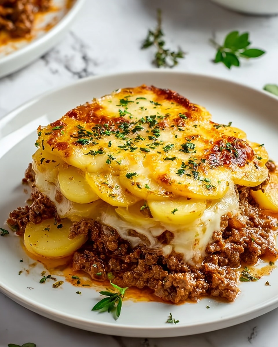 The dish shows a layered casserole on a white plate, placed on a white marbled surface. The bottom layer consists of browned ground meat with a coarse texture, spread evenly. Above this is a layer of thinly sliced, golden-yellow potatoes arranged in an overlapping pattern. The top layer is melted cheese, browned and bubbly, with a mix of light yellow and golden brown spots. Small green parsley pieces are sprinkled over the cheese for color contrast. A fork is partially visible, held by a woman's hand, ready to take a bite. photo taken with an iphone --ar 4:5 --v 7