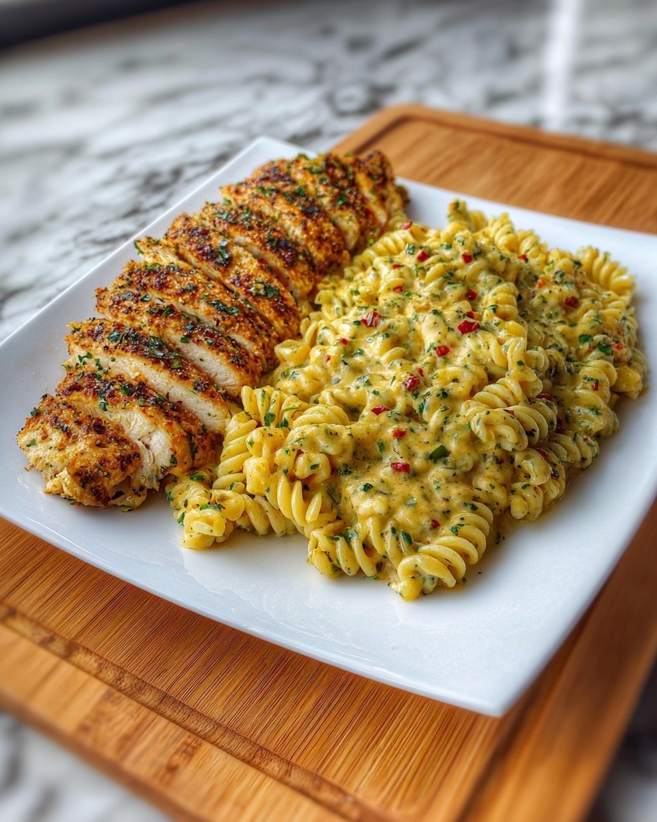 A white square plate holds a meal with two main parts. On the left side, there are five grilled chicken slices, golden brown with dark grill marks and sprinkled with green herbs. On the right side, there is a creamy pasta made of light yellow spiral noodles coated in a sauce with visible green herbs and small red bits, spread evenly. The plate is placed on a wooden board, with a white marbled surface in the background. photo taken with an iphone --ar 4:5 --v 7
