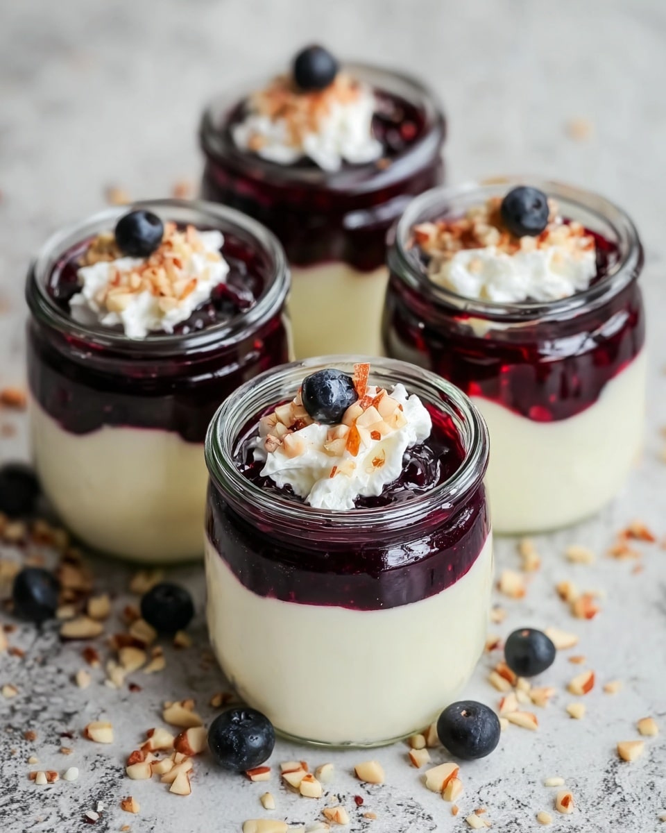 Four clear glass jars filled with a dessert that has three visible layers. The bottom and biggest layer is smooth and creamy white. The middle layer is a thin, dark red jelly or sauce that rings the top edge of the white layer. The top layer has dark blueberries mixed with the red sauce, topped with a white dollop of whipped cream and some small brown nut pieces sprinkled over. The jars are placed close together on a white marbled surface with a few scattered nuts around them. photo taken with an iphone --ar 4:5 --v 7