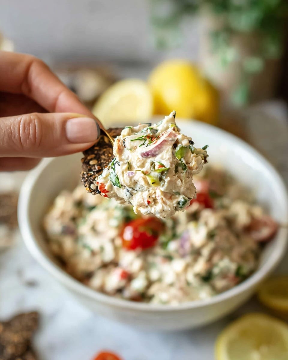 A woman's hand holds a dark seed and nut cracker with a scoop of creamy, chunky dip on top, showing visible pieces of chopped red onion, green herbs, and small red pepper bits. In the background, a white bowl filled with the same dip has scattered cherry tomato halves and finely chopped ingredients throughout. The setting is on a white marbled surface, with blurred lemon slices and a plant partially visible in the soft background. Photo taken with an iphone --ar 4:5 --v 7