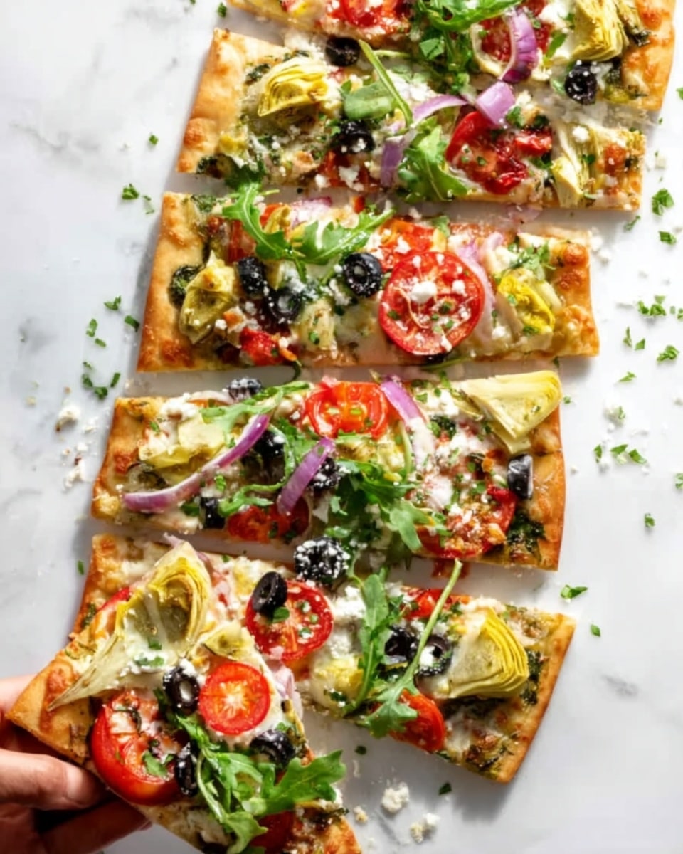 The image shows a rectangular pizza cut into slices placed on a white marbled surface. The pizza has a thin golden brown crust. The first layer is a light spread of white cheese, followed by colorful toppings including slices of red tomatoes, green leafy arugula, black olives, and light cream-colored artichoke hearts. There are small bits of white cheese sprinkled over the top. A woman's hand is holding one slice at the bottom right corner. Small green herb bits are scattered around the pizza on the white marbled surface. photo taken with an iphone --ar 4:5 --v 7