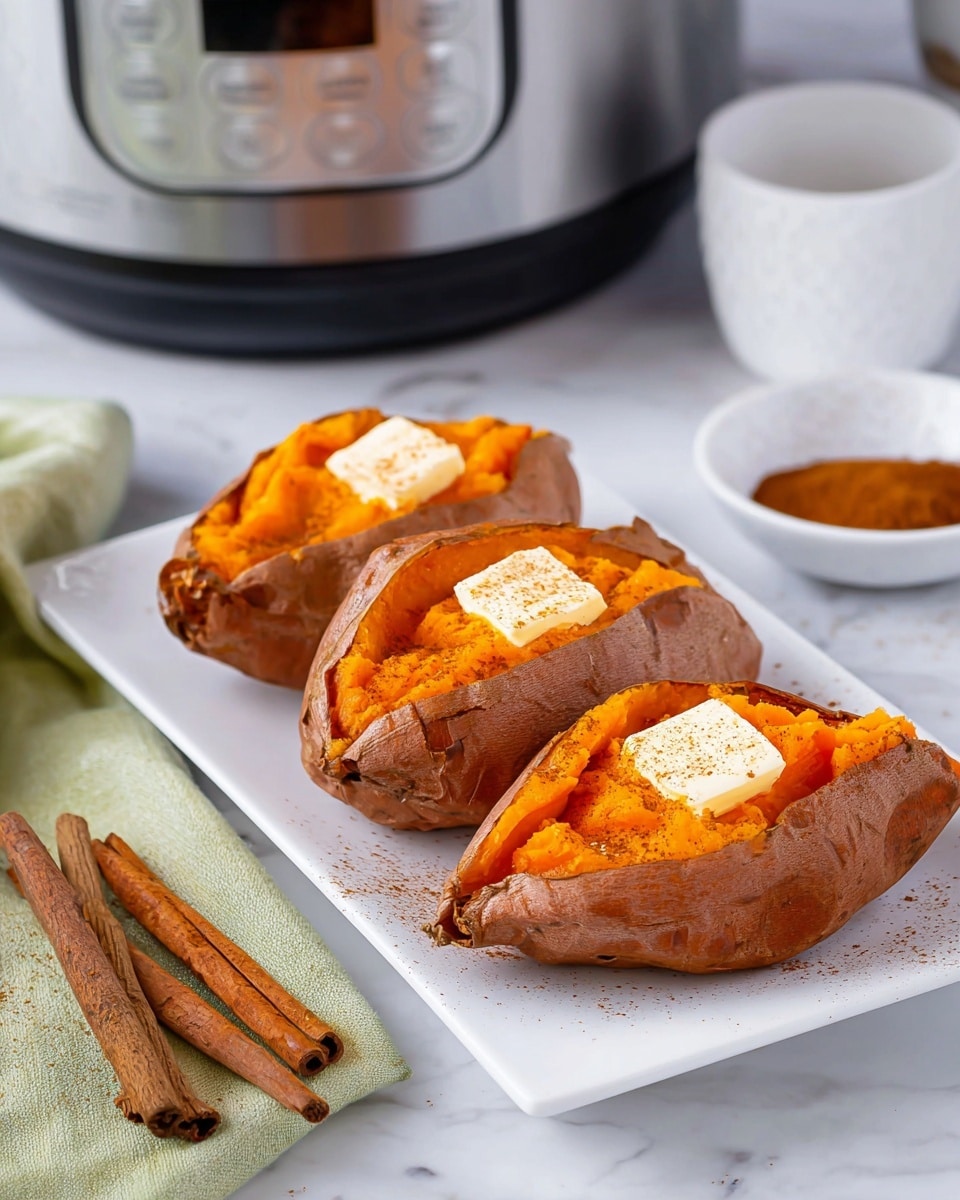 Three cooked sweet potatoes with wrinkled orange-brown skins sit side by side on a white rectangular plate. Each sweet potato is cut open lengthwise to reveal the soft, mashed bright orange flesh inside, topped with a small square of melting pale yellow butter sprinkled with a light dusting of cinnamon. The plate rests on a white marbled surface scattered with two brown cinnamon sticks and a folded light green cloth with a dark green edge. In the background, part of a stainless steel electric pressure cooker with a shiny knob and control panel can be seen, along with a white ramekin filled with ground cinnamon. Photo taken with an iphone --ar 4:5 --v 7