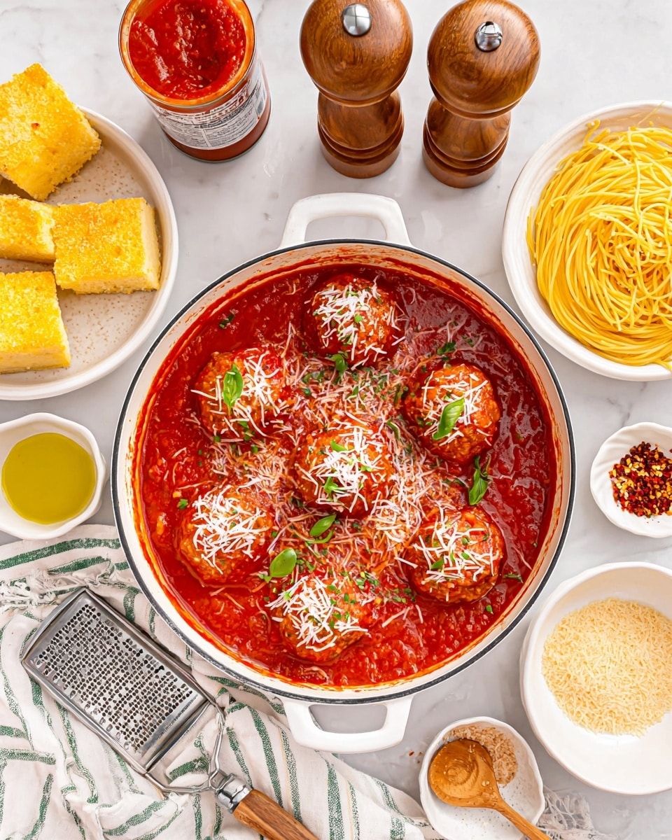 A white pan filled with six large meatballs covered in bright red tomato sauce, sprinkled with white shredded cheese and green basil pieces on top. Around the pan, there is a white bowl of yellow cooked spaghetti on the right, a white dish of uncooked breadcrumbs at the bottom right, and a small white bowl with green basil leaves. To the left of the pan, there is a white plate with shredded cheese and a block of cheese next to a metal grater. Above that is a can of chunky red tomato sauce, and between the pan and can, there are two wooden salt and pepper shakers. In the bottom left corner, part of a metal spatula rests on a striped gray and white cloth napkin. The whole setup is on a white marbled surface. photo taken with an iphone --ar 4:5 --v 7