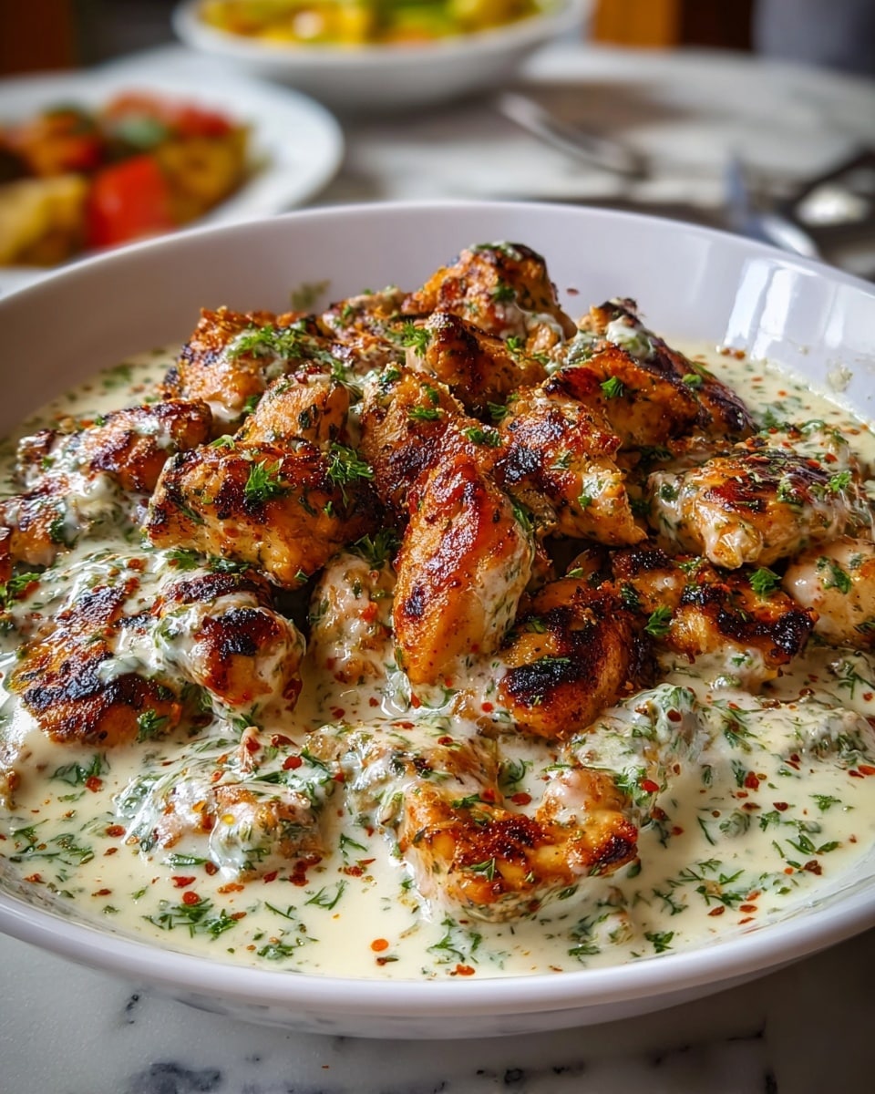 A white shallow bowl filled with grilled chicken pieces that have a golden-brown, slightly charred texture, covered in a creamy, white sauce with green herb specks scattered throughout; the chicken is stacked in a loose pile at the center, the sauce pooling thickly around the edges, and small hints of red seasoning are visible on parts of the chicken and sauce, all placed on a white marbled surface, with blurred background showing more food. photo taken with an iphone --ar 4:5 --v 7