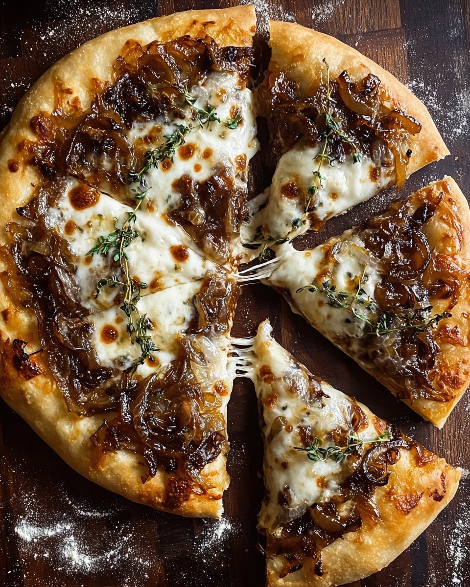 A round pizza with a thick golden-brown crust is cut into five slices and placed on a wooden surface with some scattered flour. The bottom layer is a reddish tomato sauce, topped with melted white and slightly browned cheese that stretches between the slices. On top of the cheese, there are thin, caramelized brown onion slices and small green herb sprigs scattered evenly across the pizza. The surface below has a dark wooden texture, but it should be imagined as white marbled texture. photo taken with an iphone --ar 4:5 --v 7