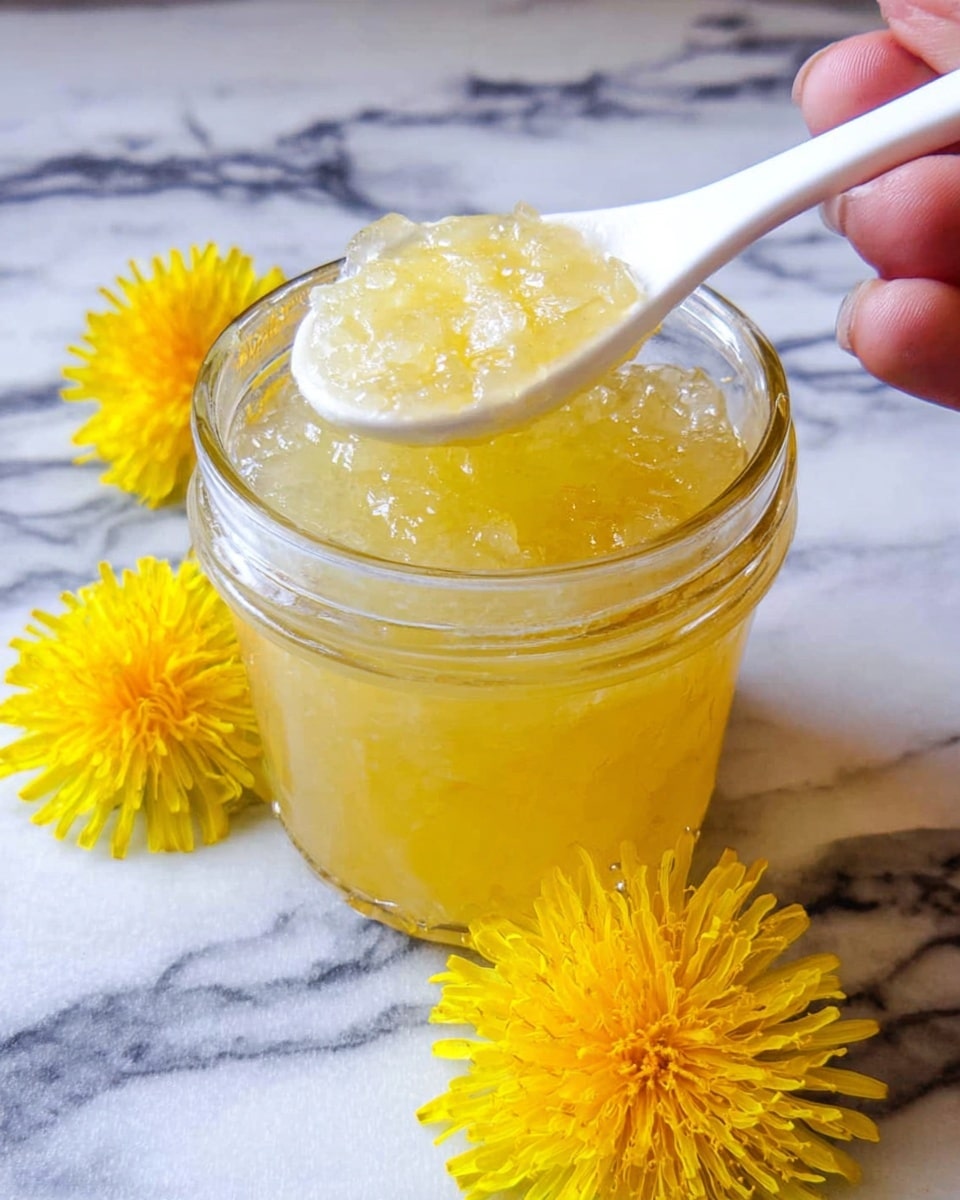 A clear glass jar filled with a thick, light yellow jelly-like substance sits on a white marbled surface. A white ceramic spoon, held by a woman's hand above the jar, scoops a glossy, semi-transparent portion of the jelly, showing its smooth and slightly chunky texture. Around the jar are bright yellow dandelion flowers, adding a fresh and vibrant touch to the scene. The lighting highlights the jelly's shiny, gel-like consistency and the flowers' vivid color. photo taken with an iphone --ar 4:5 --v 7