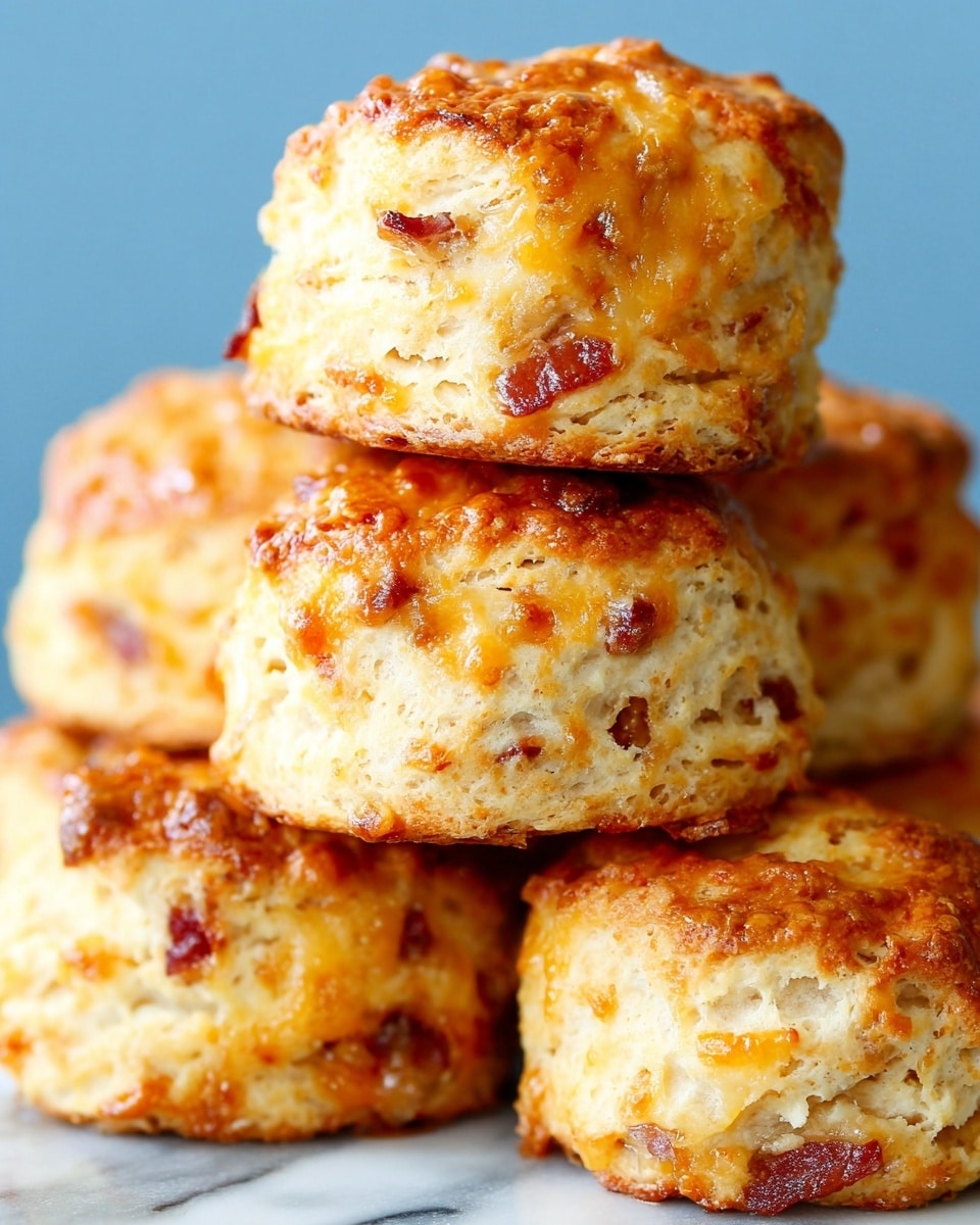 A close-up view of a stack of five golden-brown biscuits showing three to four visible layered textures each with bits of melted cheese and small pieces of bacon embedded inside. The biscuits have a shiny glazed top and a flaky, soft interior with a slightly rough surface. They are piled together against a soft blue background on a white marbled surface. The focus is mainly on the top biscuit with others slightly out of focus behind it. photo taken with an iphone --ar 4:5 --v 7