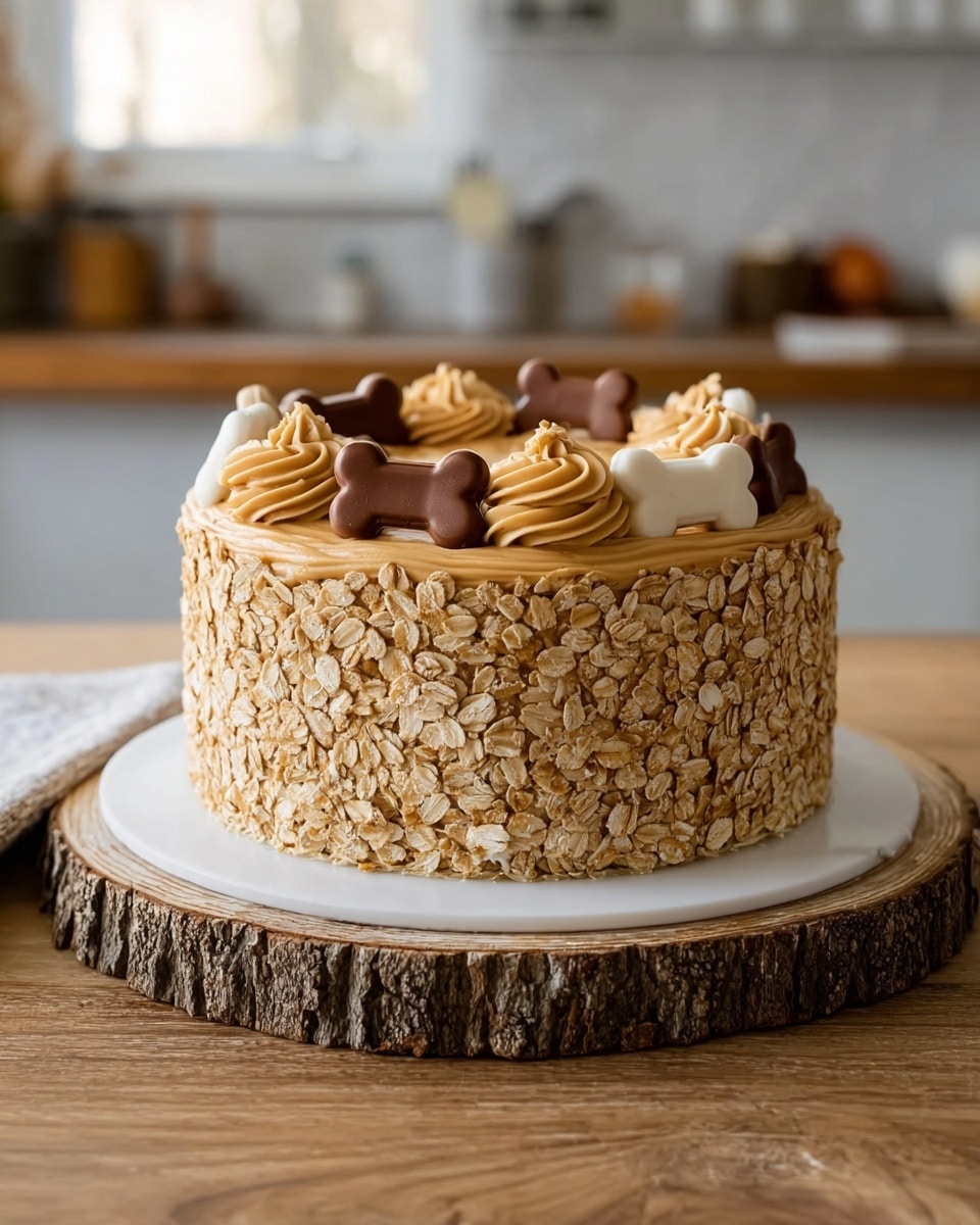 A round cake with three visible layers is shown, with the sides covered in a thick layer of large, light beige oat flakes giving a rough texture. The top layer of the cake is smooth light brown caramel-colored frosting swirled in a spiral pattern. On top, there are small brown dog-bone shaped treats and some white square treats arranged decoratively. The cake sits on a white board, which rests on a round textured wood slice board. The background shows a soft-focused kitchen scene, with a white marbled textured surface visible where the cake is placed. Photo taken with an iphone --ar 4:5 --v 7