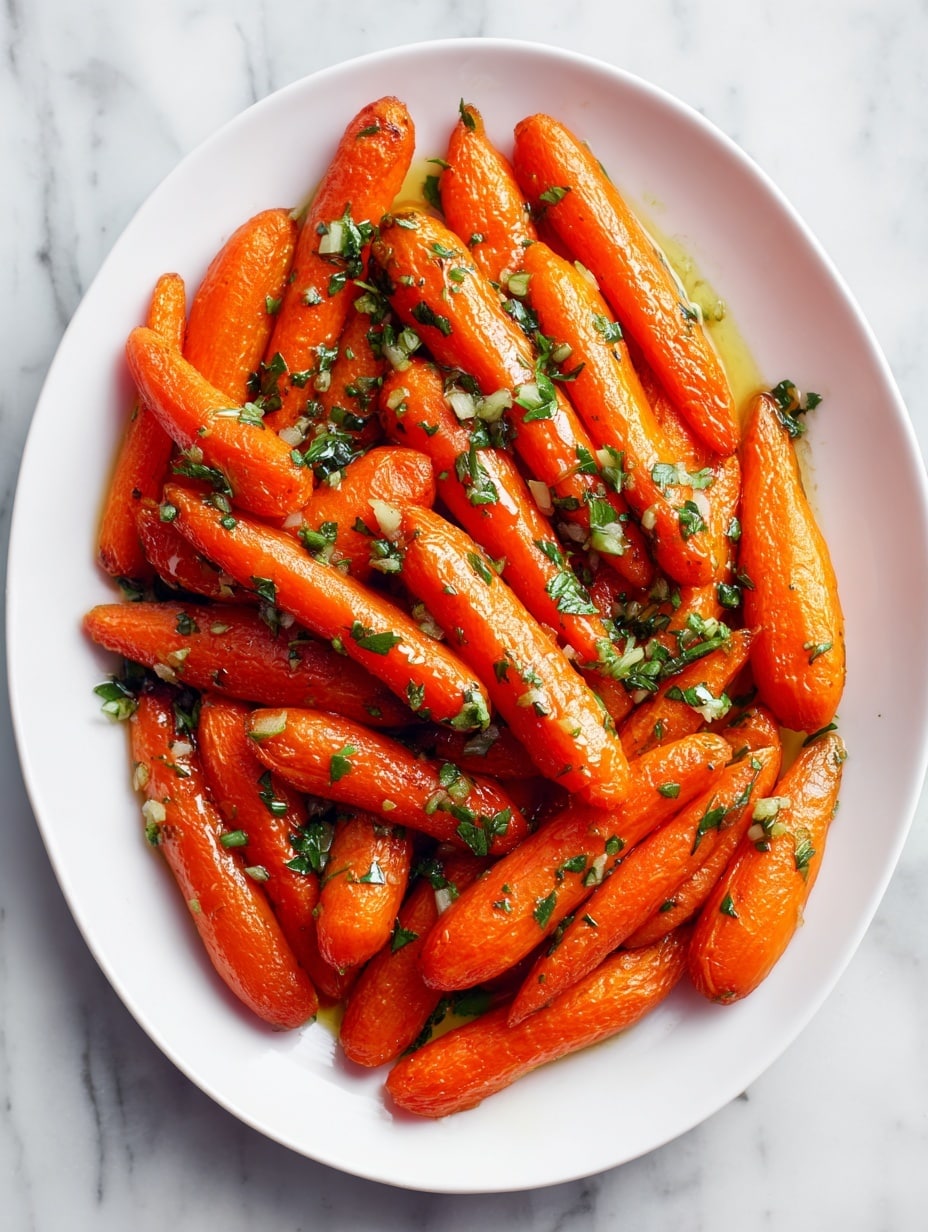 A white shallow bowl is filled with about ten whole cooked carrots that have a shiny, glazed orange surface. The carrots are arranged close together, some slightly overlapping. They are topped with finely chopped green herbs and minced garlic bits scattered evenly over the carrots. The texture of the carrots looks soft with a slight caramelized surface. The bowl sits on a white marbled surface. Photo taken with an iphone --ar 4:5 --v 7