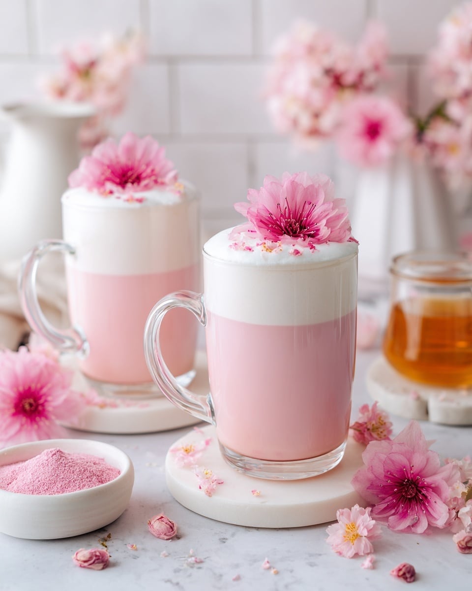 Two clear glass mugs each hold a layered Sakura latte on round white marble coasters. The bottom layer of the drink is a smooth pastel pink, topped by a thick white frothy foam layer. On top of the foam, there is a bright pink cherry blossom flower and small pink flower petals scattered around it. The mugs have clear handles and sit on a white marbled surface. Around them are several pink cherry blossoms, pink dried flower buds, a small white bowl with pink powder, and white pitcher and bowl in the background filled with cream and honey. The setting is soft and bright with a white tiled wall behind it. photo taken with an iphone --ar 4:5 --v 7