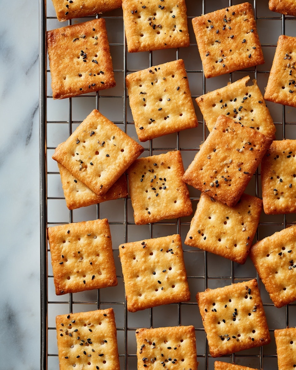The image shows a group of small square crackers arranged loosely on a cooling rack. Each cracker is golden brown with a slightly uneven texture and sprinkled with small black seeds on top. The edges of the crackers are slightly darker and crispy looking. The cooling rack is placed on a white marbled surface that adds a clean and light background to the scene. The crackers have a light flaky surface with tiny holes evenly spread across them. Photo taken with an iphone --ar 4:5 --v 7