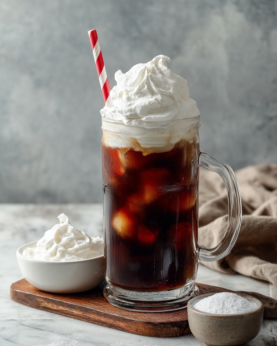 A tall clear glass mug filled with dark cold coffee and ice cubes forms the bottom two layers, topped by a thick swirl of white whipped cream that reaches above the rim, with a red and white striped straw inserted on the left side. The mug sits on a wooden tray with a beige cloth casually draped behind it, beside a small white bowl filled with extra whipped cream and some white powder scattered near the tray. The background is a soft, neutral tone with a white marbled texture under the tray. Photo taken with an iphone --ar 4:5 --v 7