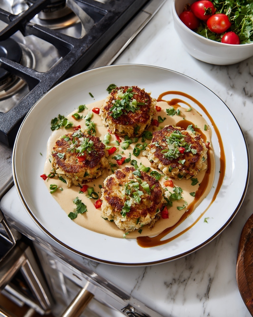 A round white plate with four golden brown crab cakes placed evenly on a layer of creamy white sauce that is spread across the plate. The crab cakes have a crunchy, textured surface with small bits of green herbs sprinkled on top. Around the sauce, there are small streaks of dark brown sauce adding contrast. In the background, there is a white marbled countertop, and next to the plate, there is a small white bowl with red cherry tomatoes and some green herbs. Part of a silver and black stove is visible to the left of the plate. Photo taken with an iphone --ar 4:5 --v 7