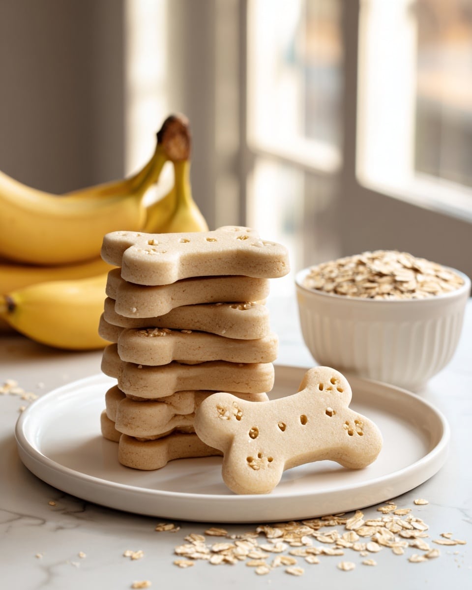 A white round plate filled with bone-shaped cookies stacked in several layers, each cookie having a light golden-brown color with a smooth texture and slight cracks on the surface. To the right of the plate, there is a white bowl filled with light brown rolled oats, small scattered oat flakes on the white marbled table nearby. Behind the bowl, three yellow bananas with some brown spots rest together. The background shows a blurred kitchen scene with soft natural light coming from a window. The photo taken with an iphone --ar 4:5 --v 7