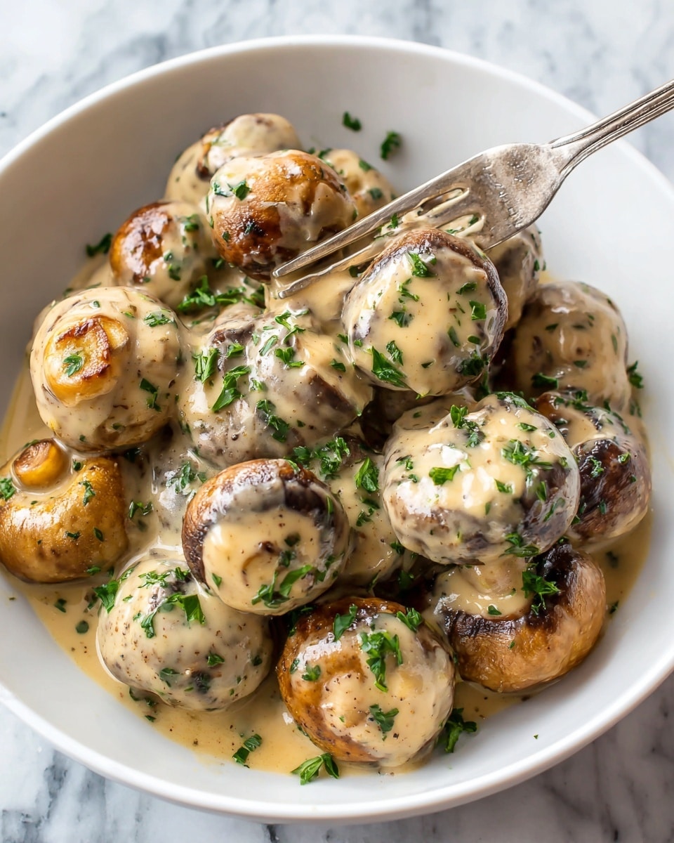 A white plate is filled with whole mushrooms covered in a thick creamy sauce. The sauce is light beige with specks of black pepper and fresh green chopped herbs sprinkled evenly on top. The mushrooms are round with a slightly browned top, sitting fully coated in the sauce. A fork held by a woman's hand lifts one mushroom above the plate, showing its smooth, creamy texture and the herbs on it. The background is a white marbled surface. photo taken with an iphone --ar 4:5 --v 7