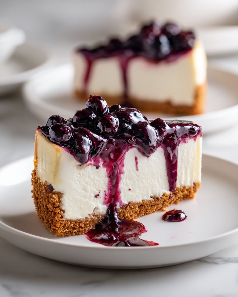 The image shows two slices of cheesecake on white plates set on a white marbled surface. Each slice has three layers: a crumbly, golden brown crust at the bottom, a thick creamy white cheesecake layer in the middle, and a glossy dark purple mulberry topping with whole and mashed mulberries spread unevenly over the top and slightly dripping down the sides. One slice has a rich mulberry sauce spread next to it on the plate. A silver fork lies next to the slice in the top image, and a woman's hand is touching it lightly. The texture of the cheesecake looks smooth and soft, contrasting with the crunchy crust and the sticky fruit topping. photo taken with an iphone --ar 4:5 --v 7
