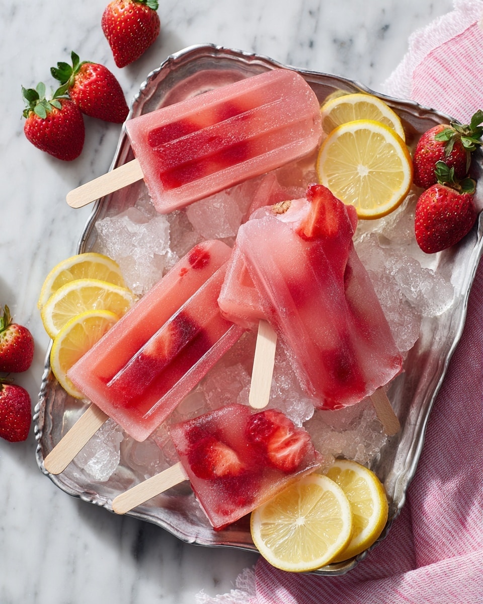 A silver tray holds five translucent pink popsicles with visible chunks of red strawberry inside, each with a wooden stick at the bottom. The popsicles rest on a bed of clear ice cubes, surrounded by thin yellow lemon slices and whole or halved bright red strawberries with green tops. The tray is placed on a white marbled surface, and a pink and white striped cloth is partially visible in the corner. One popsicle has a bite taken out of the top right corner. photo taken with an iphone --ar 4:5 --v 7