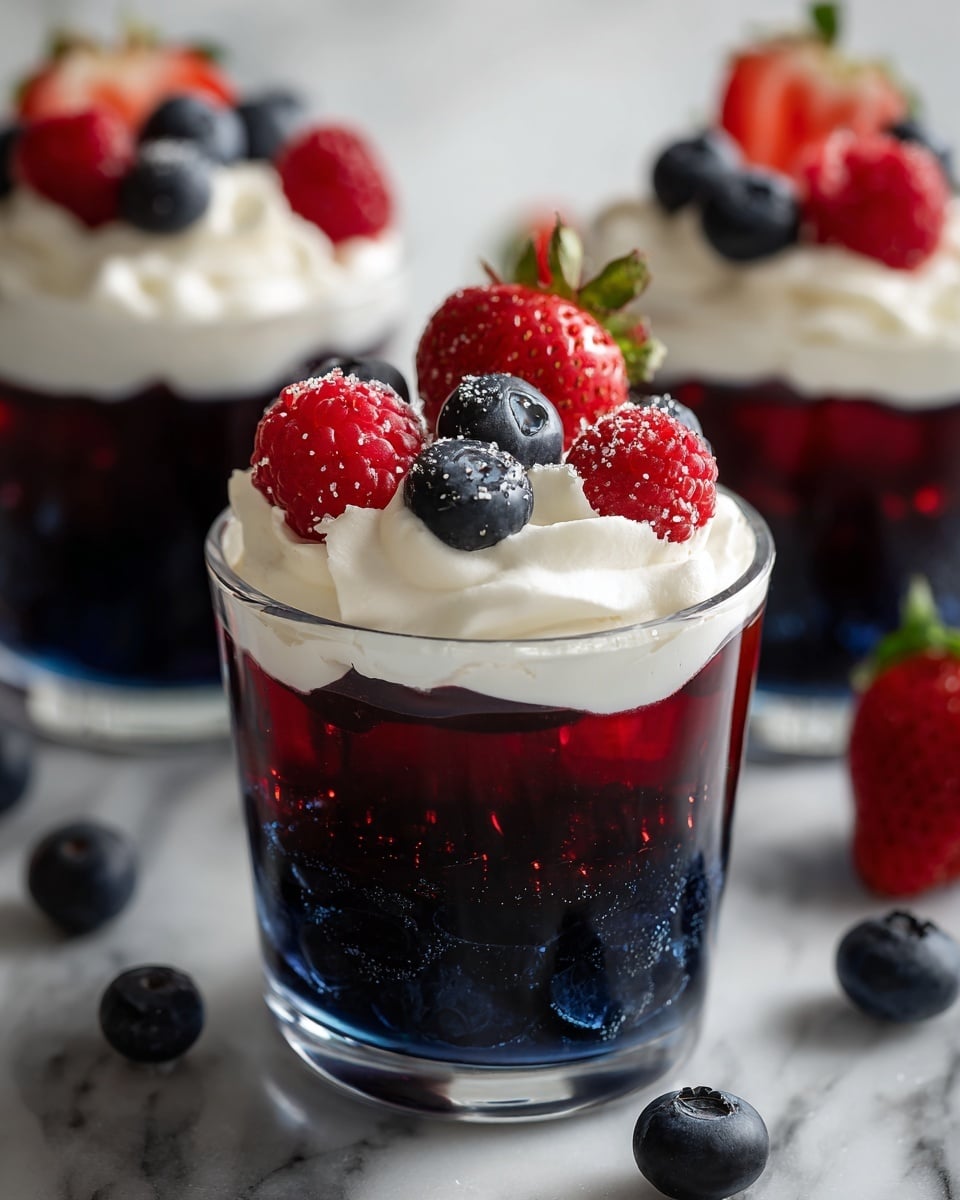 The image shows a clear glass cup dessert with four visible layers. The bottom layer is a dark blue-purple cluster of fresh blueberries. Above it is a bright red gelatin layer with whole blueberries inside, giving it a shiny and smooth texture. The third layer is a smooth blue gelatin layer, lighter in color and translucent. On top of that is a thick, white whipped cream layer with soft, fluffy swirls. The dessert is finished with a topping of fresh fruit, including whole raspberries, halved strawberries, and whole blueberries, adding vibrant red and blue colors. The glass cups sit on a white marbled surface with some scattered blueberries around. photo taken with an iphone --ar 4:5 --v 7
