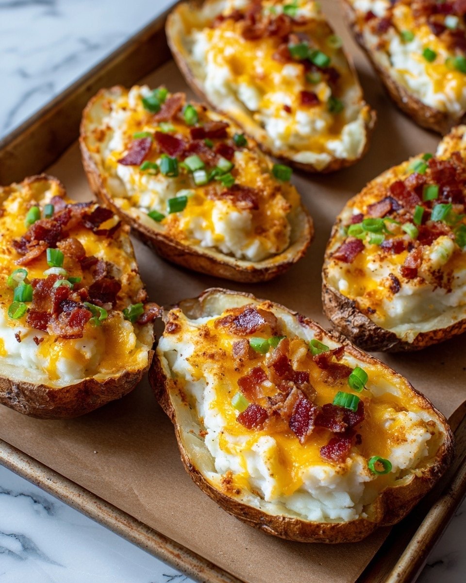 The image shows a tray filled with several potato skins, each cut in half lengthwise. Each potato half has a rough brown skin shell filled with a creamy light yellow mashed potato layer, topped with melted bright orange cheddar cheese. Small pieces of crispy red bacon bits and chopped green onions are sprinkled over the top, adding pops of red and green color. The potatoes are arranged close together on a parchment-lined tray against a white marbled surface. photo taken with an iphone --ar 4:5 --v 7