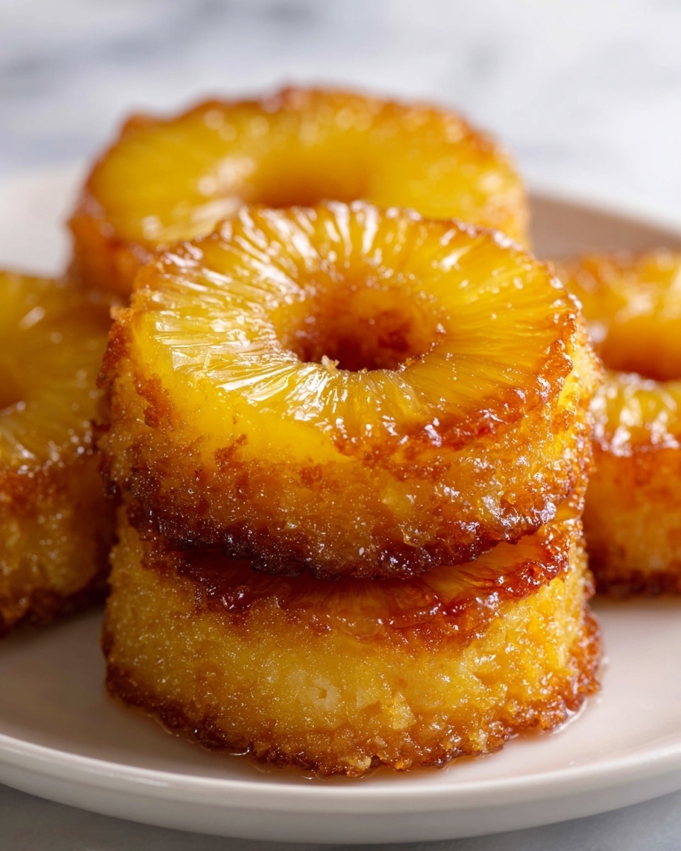 A close-up view of several stacked pineapple upside-down mini cakes on a white plate, each cake showing a single golden-yellow pineapple ring with a slightly translucent and glossy texture on top. The cakes have a light brown, crispy, and caramelized edge that contrasts with the juicy pineapple layer. The pineapple slices sit evenly on each cake, creating a ring shape with a hole in the center, and the surface they are on has a soft focus with a white marbled texture subtly visible. Photo taken with an iphone --ar 4:5 --v 7