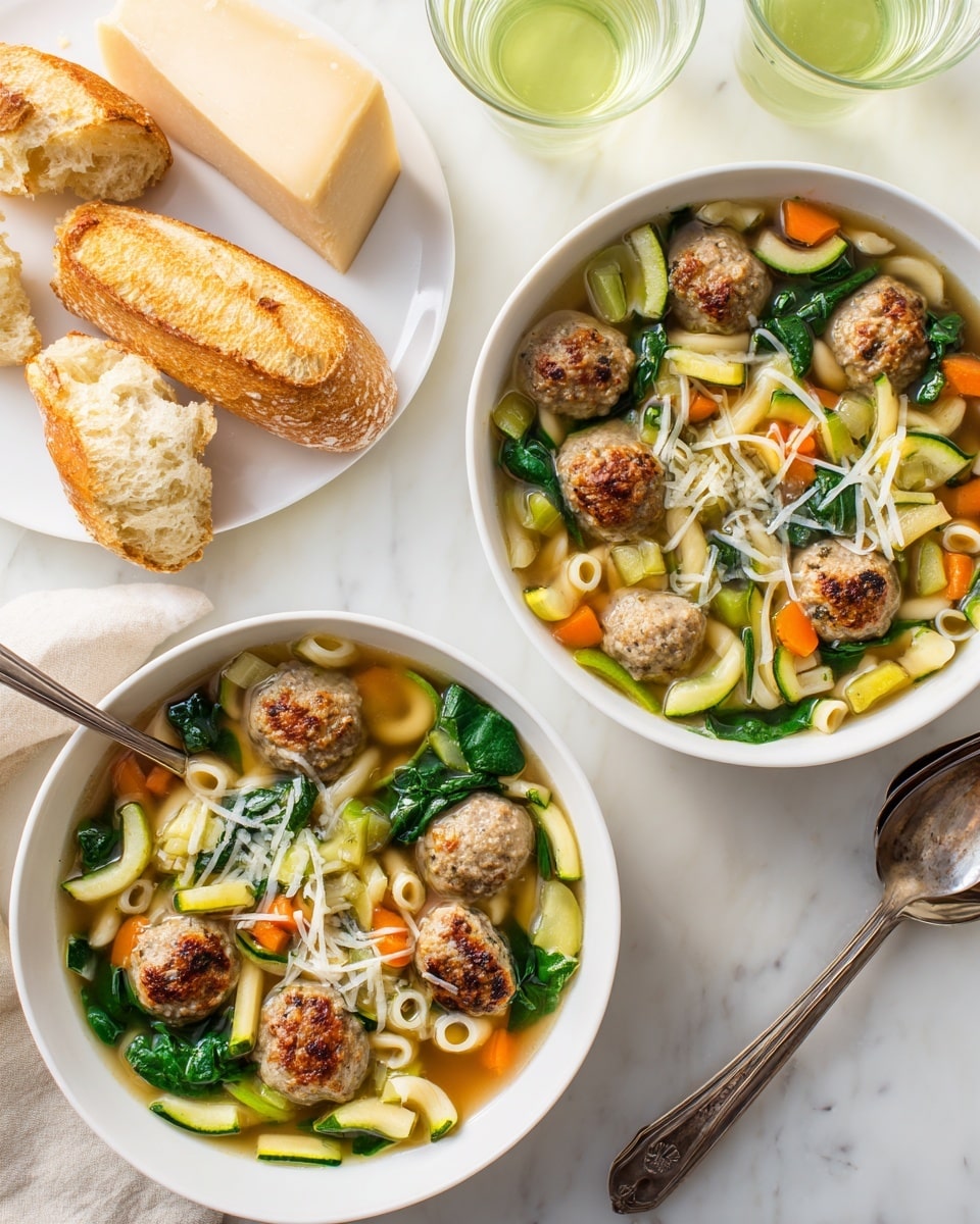 Two bowls of soup sit on a white marbled surface, each filled with a clear broth holding four to five small golden-brown meatballs floating near the top. Bright green spinach leaves, orange carrot pieces, pale celery, and circular pale yellow zucchini slices add color and texture among short tube-shaped noodles. The soup is lightly topped with white shredded cheese. Beside the bowls, there are chunks of crusty golden-brown bread and a pale chunk of cheese with some shavings nearby. Two glasses filled with a light green drink are also placed near the bowls. photo taken with an iphone --ar 4:5 --v 7