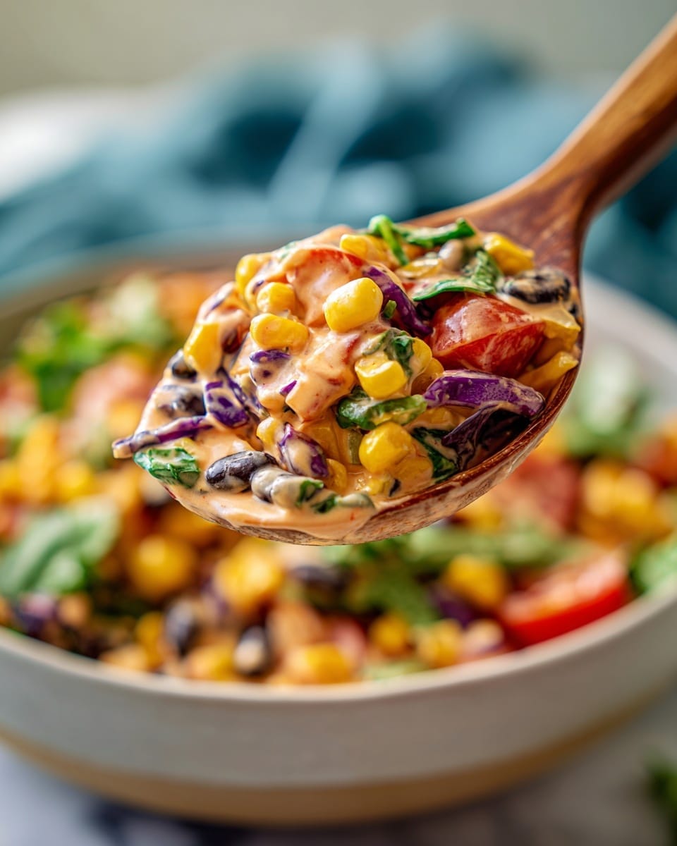 A close-up of a wooden spoon holding a colorful mixed salad with visible layers of yellow corn, black beans, red cherry tomato pieces, green herbs, and purple cabbage bits all coated in a creamy light orange dressing, set against a soft-focused large bowl filled with more of the salad in the background, all on a white marbled surface with a blue cloth and green leaves. Photo taken with an iphone --ar 4:5 --v 7