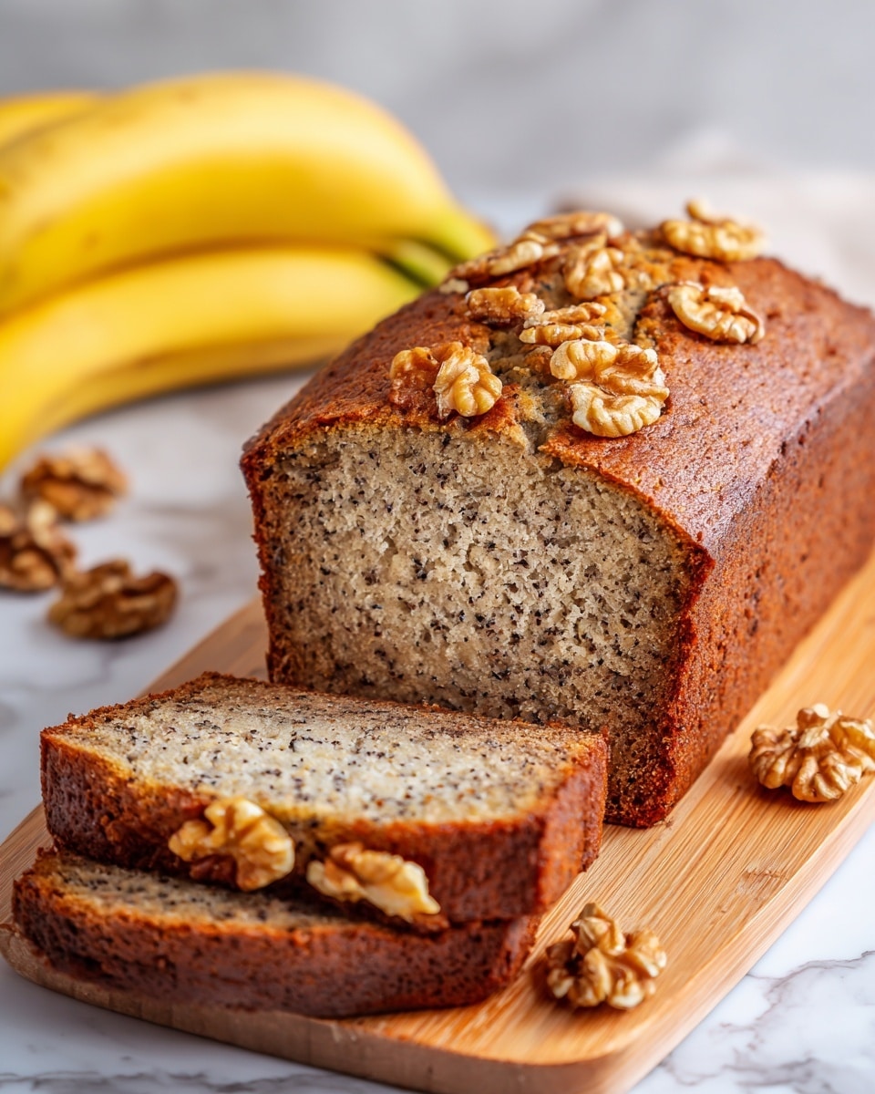 A loaf of banana bread with a golden brown crust and a soft, moist interior speckled with small dark bits is placed on a wooden board over a white marbled surface. The top of the bread is decorated with light brown walnut halves scattered unevenly. In front of the loaf, a thick slice is cut and laid flat showing the crumbly texture inside. Two ripe bananas with yellow peels and dark tips rest blurred in the background. Photo taken with an iphone --ar 4:5 --v 7