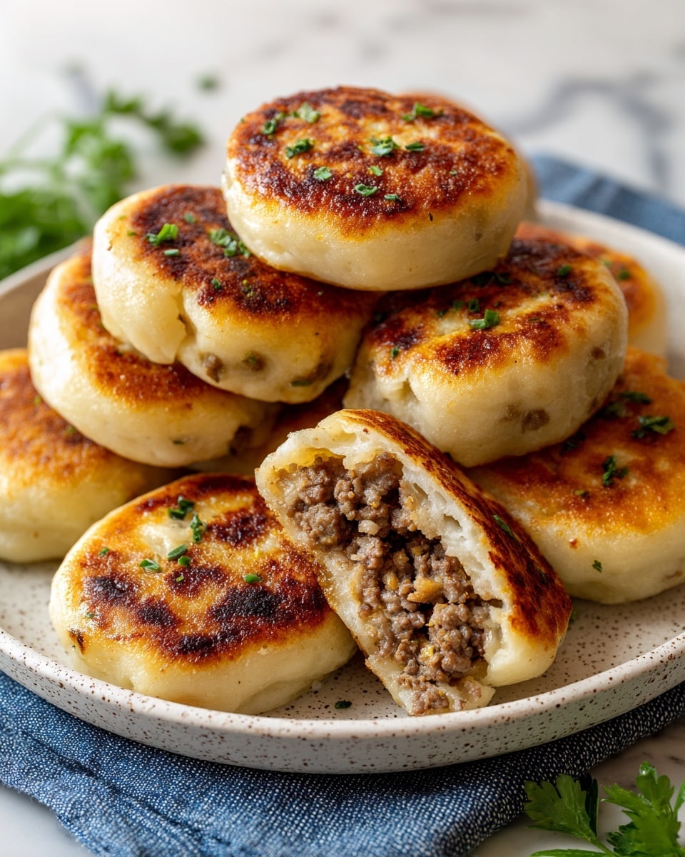 The image shows a white plate filled with nine round, golden-brown fried patties with a slightly crispy texture, each topped with small bits of fresh green herbs. One patty is cut open and placed on top of another, revealing a soft, light-colored outer dough layer and a thick, chunky inner layer made of cooked ground meat mixed with herbs. The plate sits on a blue cloth on a white marbled surface, with a wooden pepper mill handle partially visible at the bottom left and a beige bowl with green herbs in the upper right corner. photo taken with an iphone --ar 4:5 --v 7