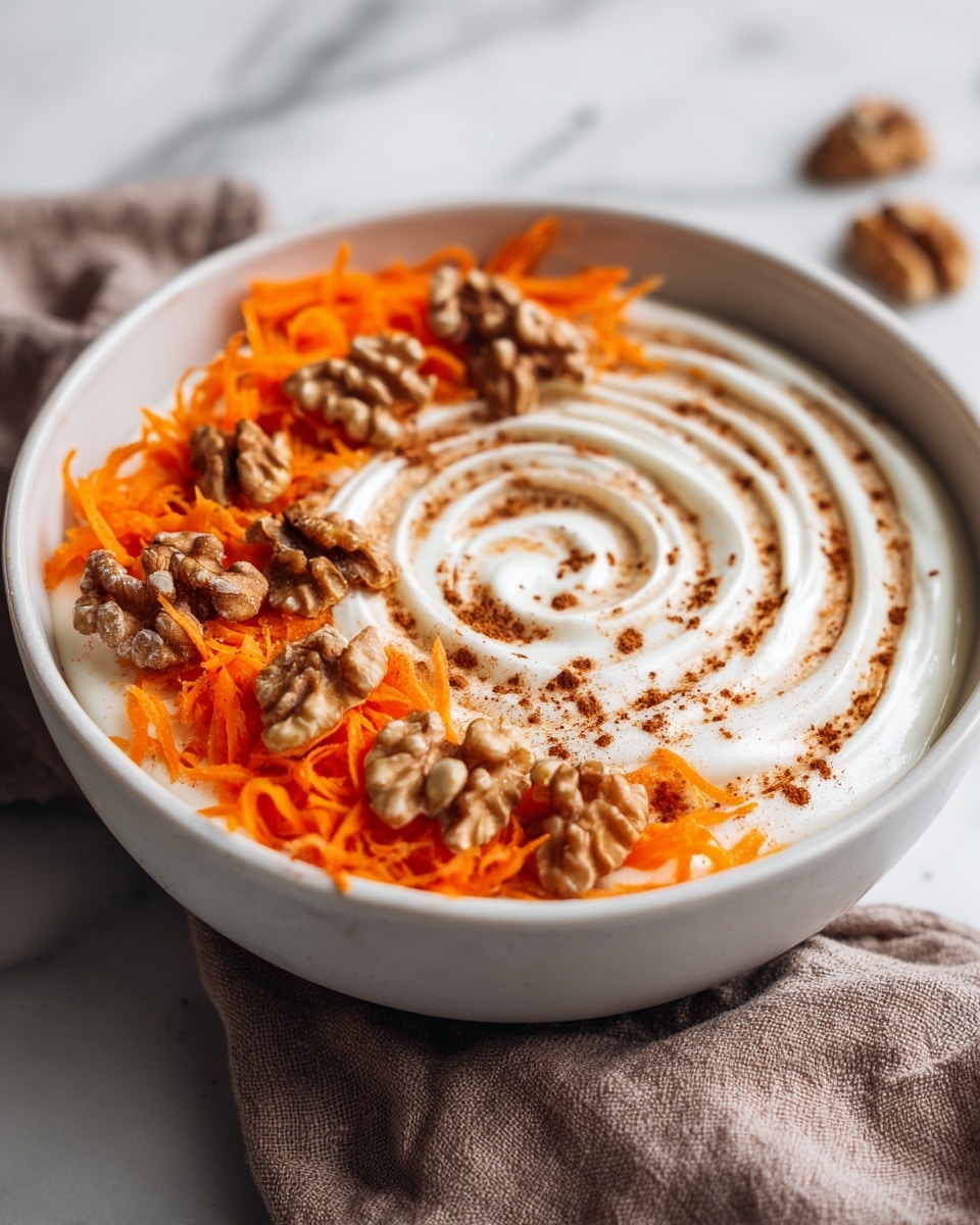 This image shows a white bowl filled with a layered dish. The bottom layer is a light brown, creamy texture. On top is a thick, swirled white cream layer, sprinkled lightly with cinnamon powder. The top center has a small pile of shredded bright orange carrot and several walnut pieces scattered around. The bowl sits on a white marbled surface with some walnut pieces around it and a brown cloth nearby. photo taken with an iphone --ar 4:5 --v 7