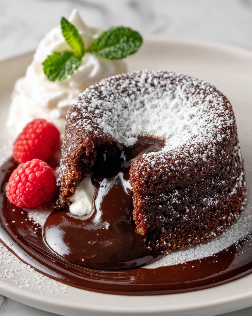 A chocolate lava cake sits in the center of a white plate, its rich dark brown outer layer dusted lightly with white powdered sugar. The cake is broken open at the top, revealing a glossy, thick dark chocolate liquid flowing out onto the plate. Surrounding the cake is a smooth pool of dark chocolate sauce that spreads evenly across the plate. On one side of the cake, there is a small dollop of cream with a soft, smooth texture and an off-white color. Scattered around the cake and cream are bright red raspberries and strawberry halves, some dusted with powdered sugar, adding a fresh and vibrant touch. Small green mint leaves are placed near the fruit, contributing a fresh contrast to the deep browns and reds. The whole scene is set against a white marbled textured surface. photo taken with an iphone --ar 4:5 --v 7