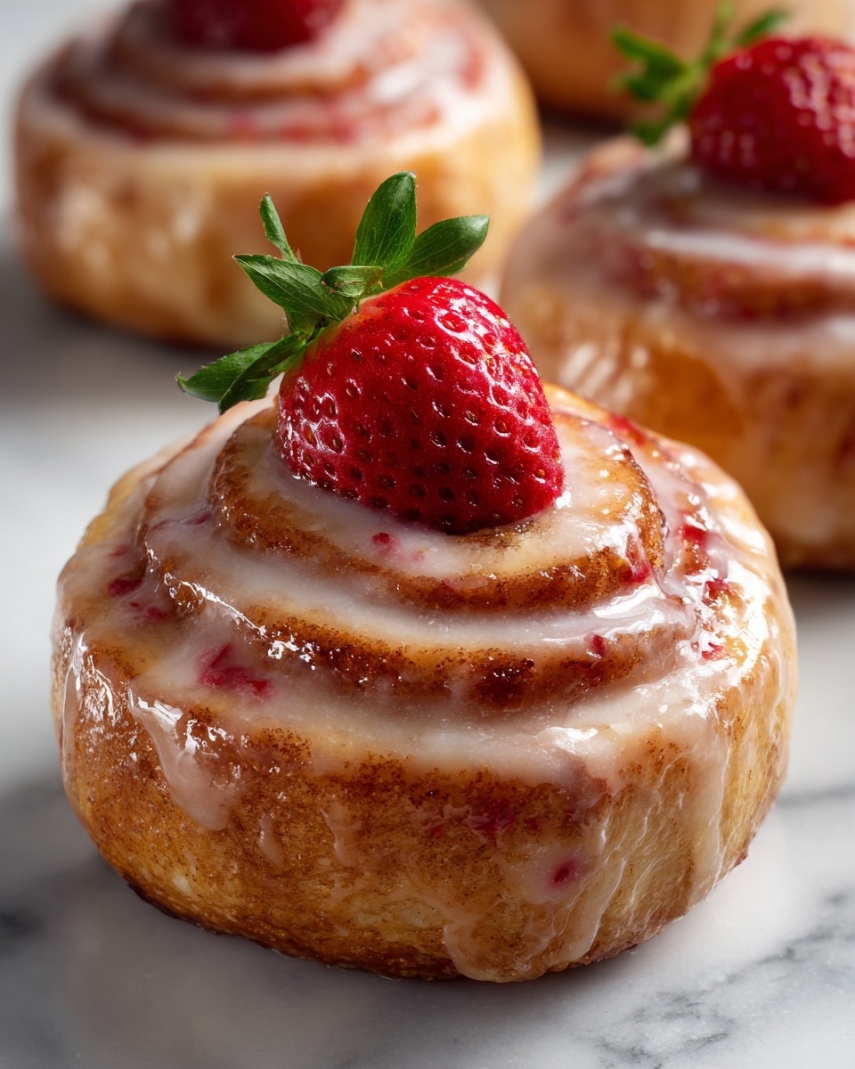 A close-up view of a small cinnamon roll swirl with a shiny, light pink glaze coating the top surface. The swirl is golden brown and has a textured, slightly crispy edge. At the center, a bright red strawberry with green leaves is placed upright, adding a fresh, colorful contrast. The cinnamon roll sits on a white marbled surface, with parts of other cinnamon rolls blurred in the background. Small red crumbs are scattered around the roll, enhancing the visual detail. photo taken with an iphone --ar 4:5 --v 7