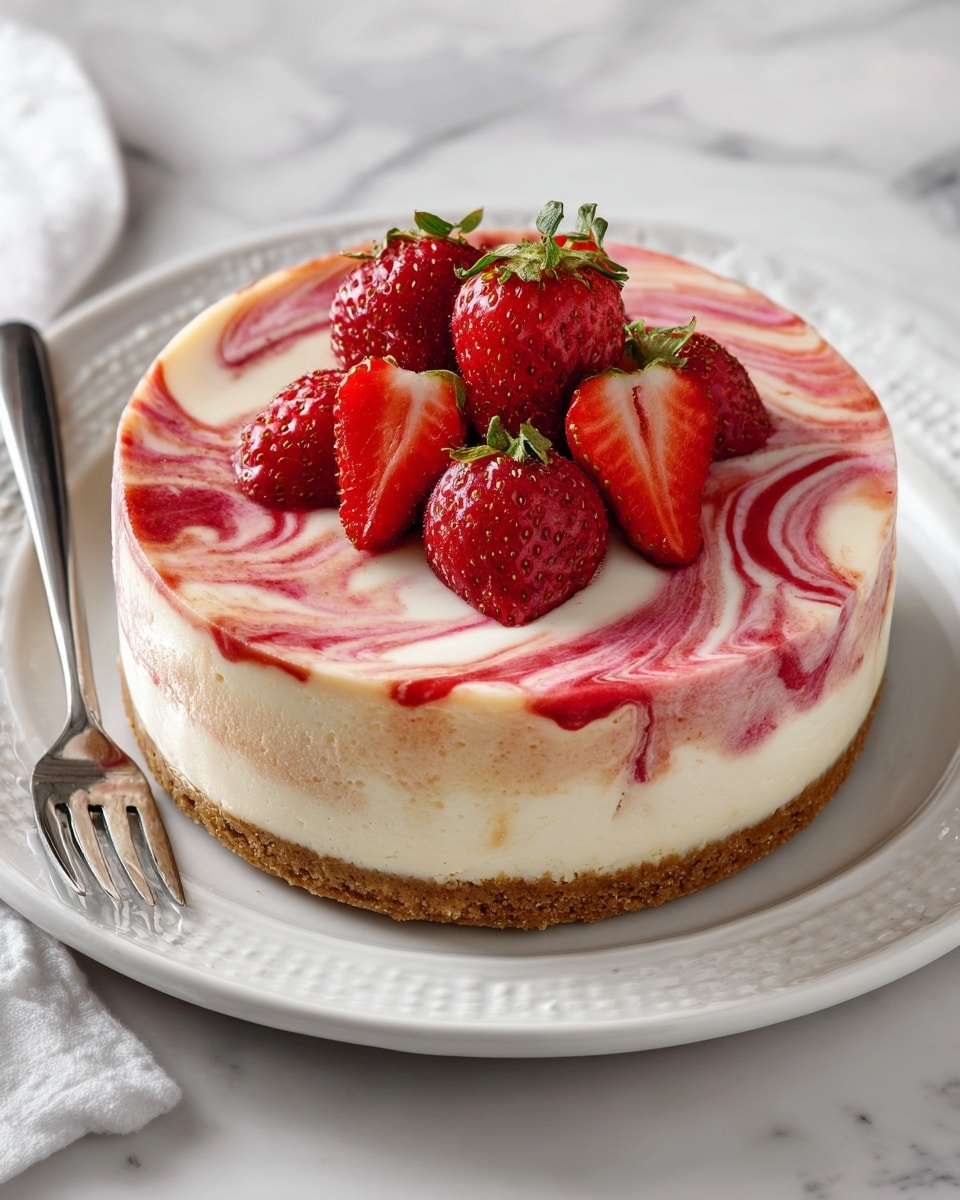 A round cheesecake with three visible layers sits on a white plate with delicate edges. The bottom layer is a crumbly light brown crust. The middle layer is thick, smooth, and creamy white cheesecake with soft swirls of red strawberry sauce running through it. The top layer is glossy white cream swirled with bright red strawberry sauce in a circular pattern. Five whole strawberries, three halved, with green leaves sit on top of the cake and around the plate. In the background, large green strawberry leaves are visible on a white marbled surface. A silver fork is also on the plate near the cheesecake. photo taken with an iphone --ar 4:5 --v 7
