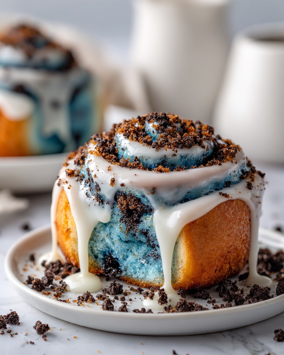 A close-up of a blue cinnamon roll with several layers, starting with a blue dough base swirled with darker blue or black bits. On top, there is a thick white cream layer that drips down the sides, and crushed dark cookie pieces sprinkled over the cream. The roll sits on a white marbled surface with scattered cookie crumbs around it. In the background, there are other blue cinnamon rolls similarly decorated, slightly out of focus. Photo taken with an iphone --ar 4:5 --v 7